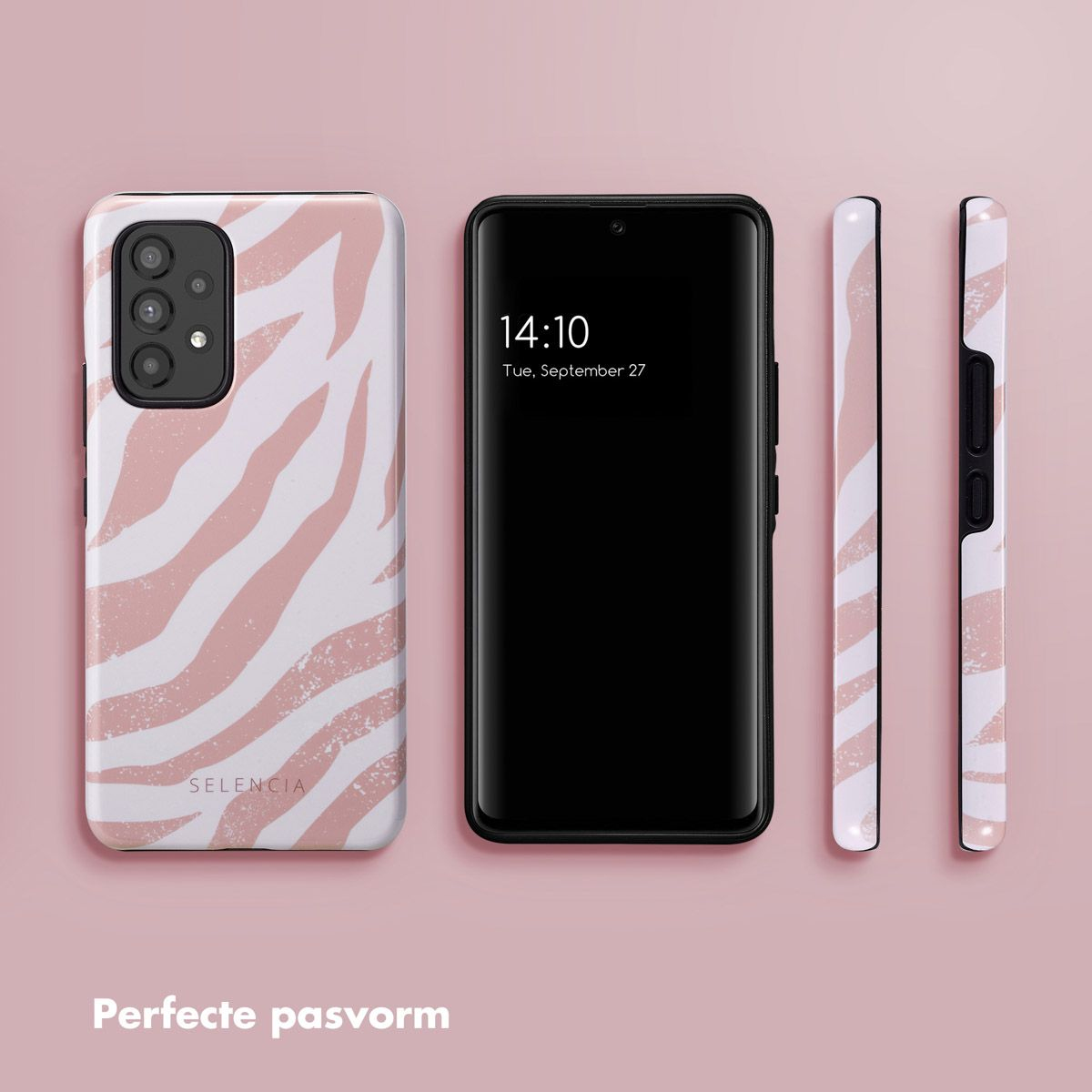 Téléphones et étuis à motif zébré, en rose et blanc. Un téléphone affiche l'heure 14h10. Tous les articles sont sur fond rose.