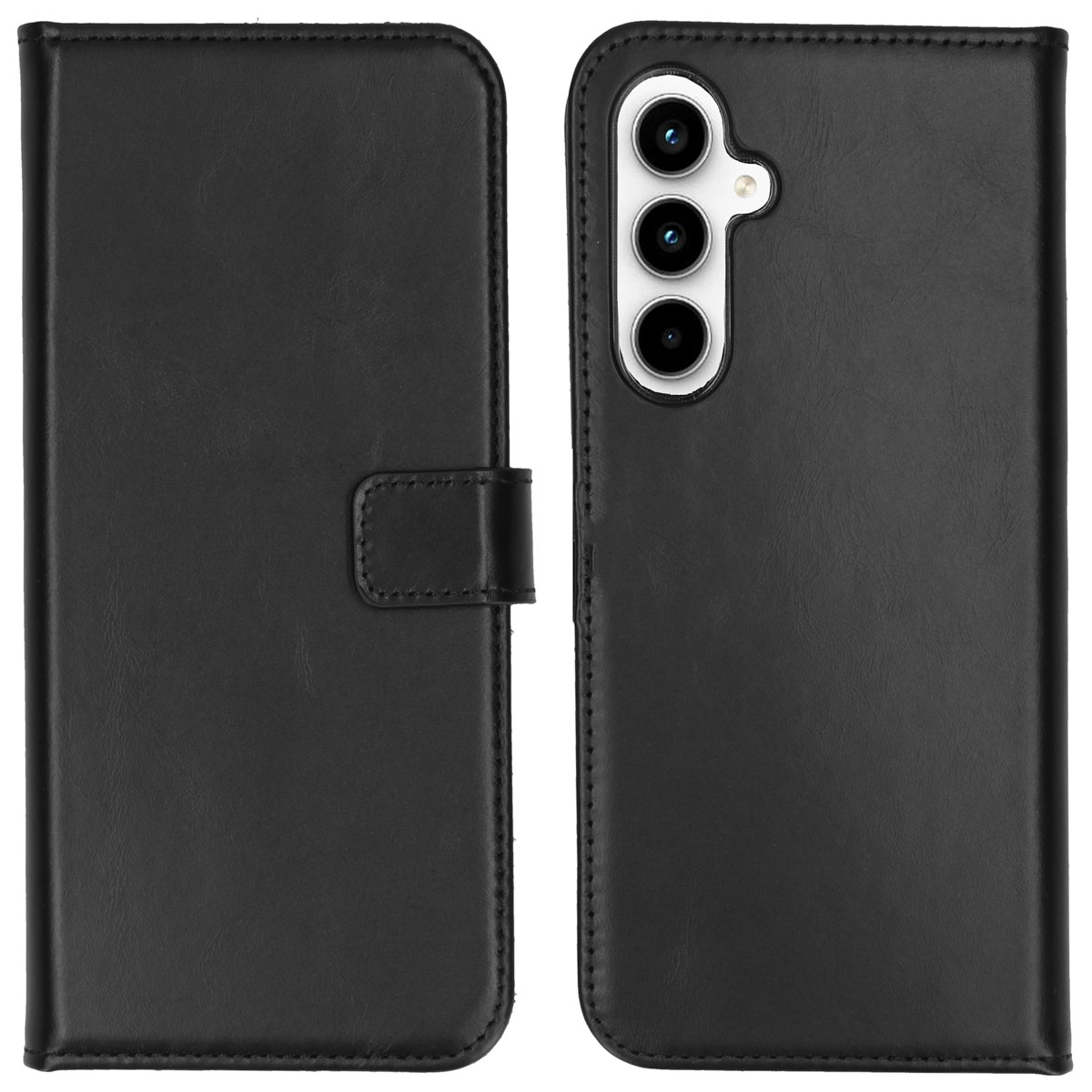 Zwarte lederen telefoonhoes, met magnetische sluiting, en ruimte voor een telefoon met meerdere camera's.