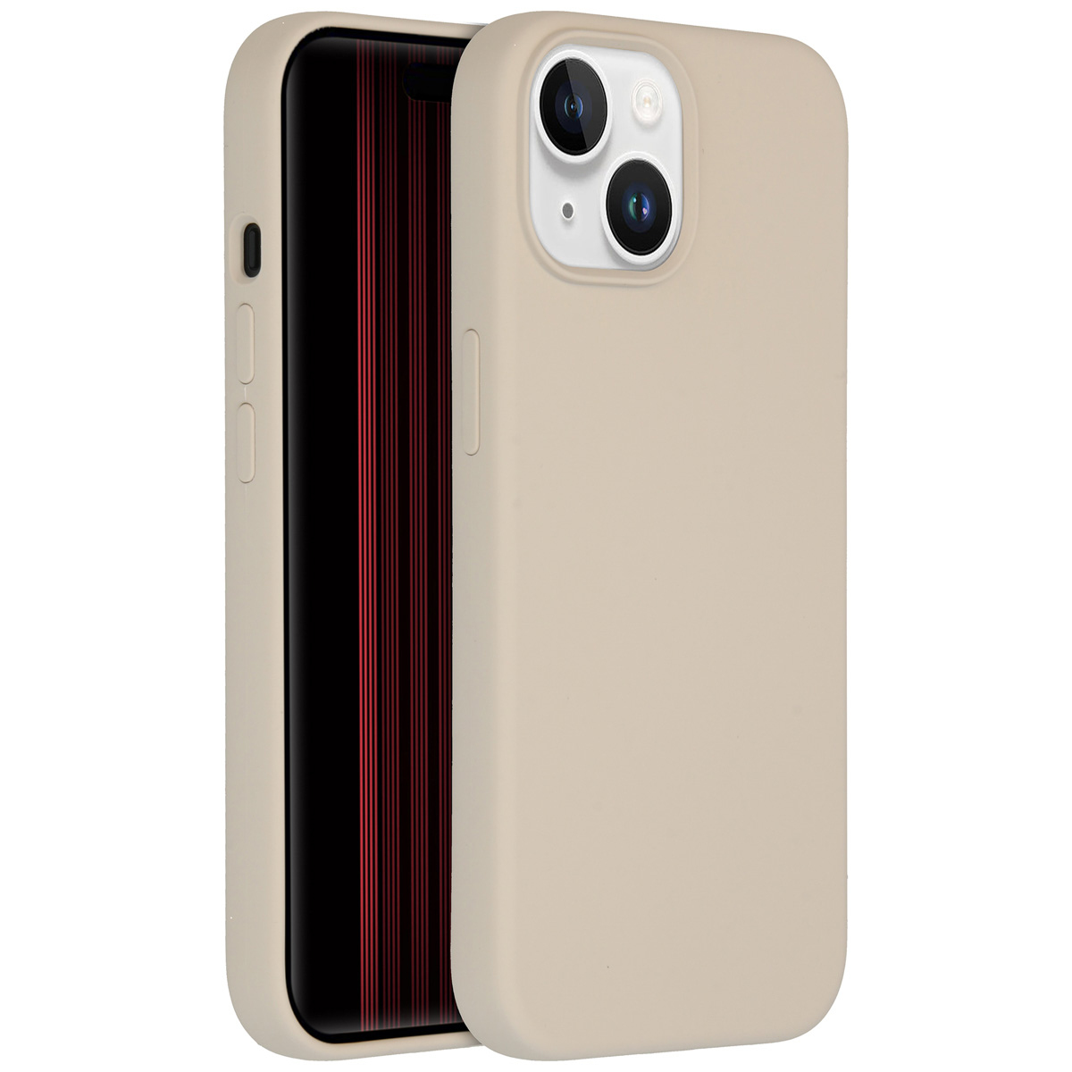 Een beige telefoonhoesje met een telefoon erin. Het scherm is zwart met rode strepen. De hoes heeft uitsparingen voor camera en knoppen.