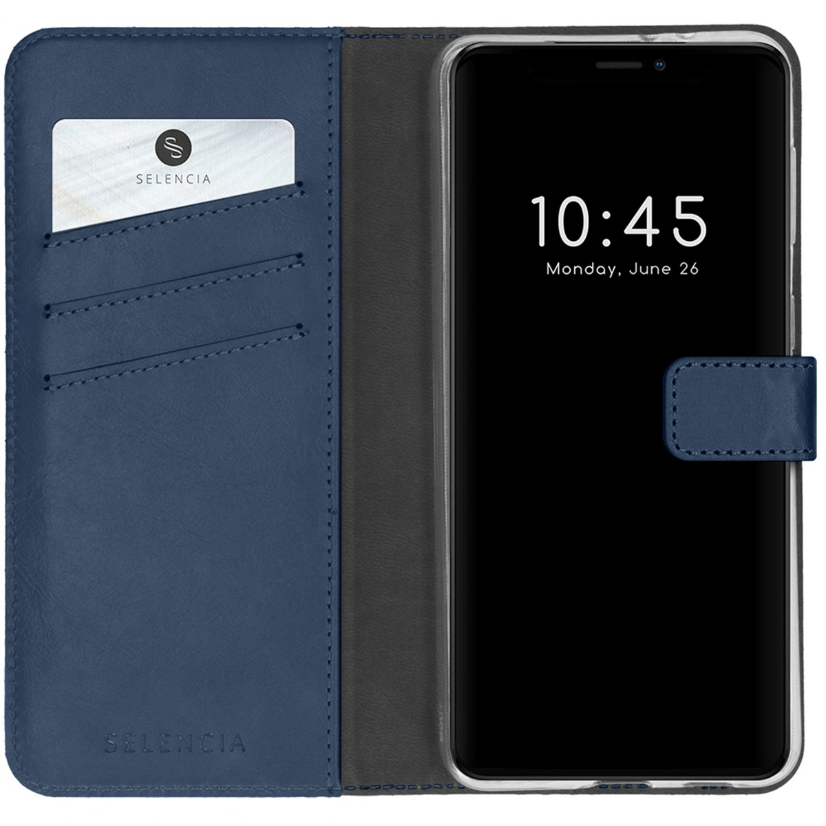 Blauwe telefoonhoes met een telefoon die 10:45 weergeeft. Een kaart zit in een sleuf. "Selencia" staat op de hoes gedrukt.
