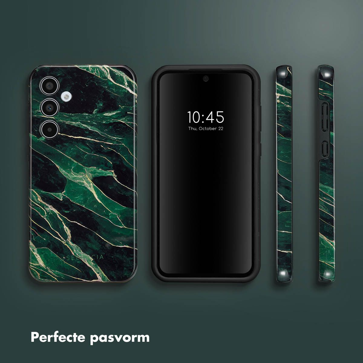 L'image montre un téléphone et des coques avec un design en marbre vert et or. Le téléphone affiche l'heure.