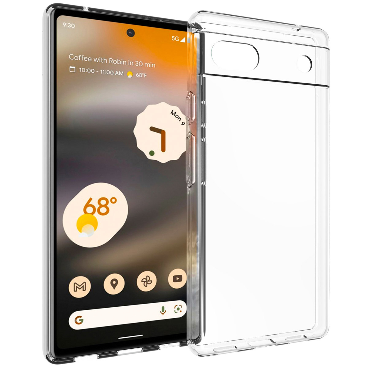 Un smartphone avec une coque transparente est présenté. L'écran affiche l'heure, la météo et des icônes d'applications. La coque est transparente.