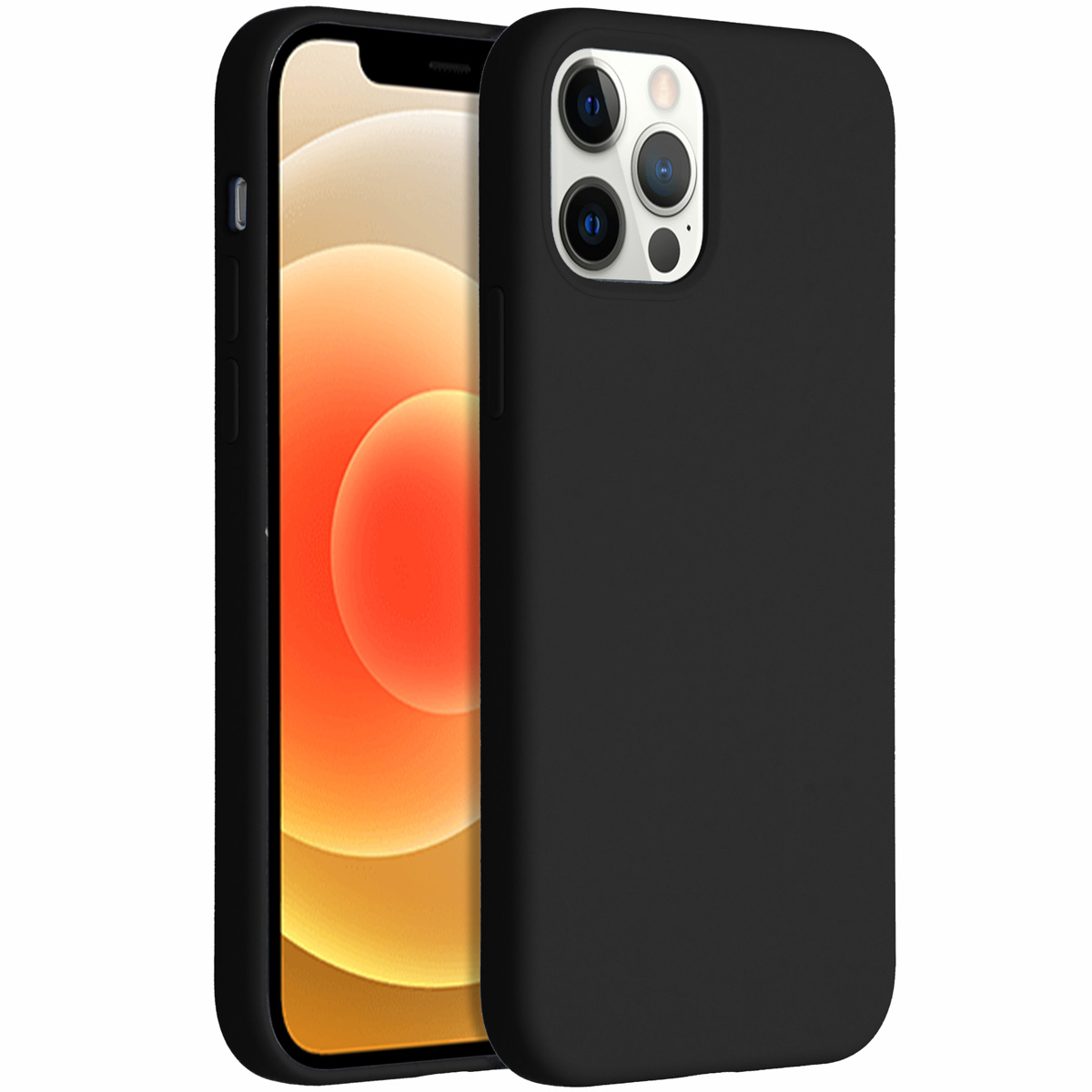 Een zwarte iPhone met een zwarte hoes. Het scherm toont een oranje en witte gradiënt. De cameralenzen zijn zichtbaar aan de achterkant.