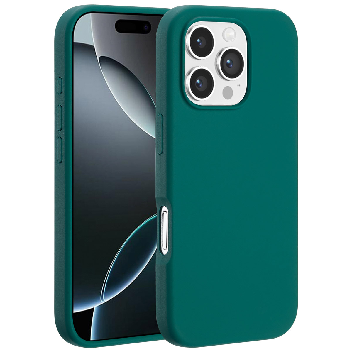 Un étui de téléphone vert et un téléphone sont affichés. Le téléphone a un écran sombre. L'étui a des découpes de caméra et des boutons.