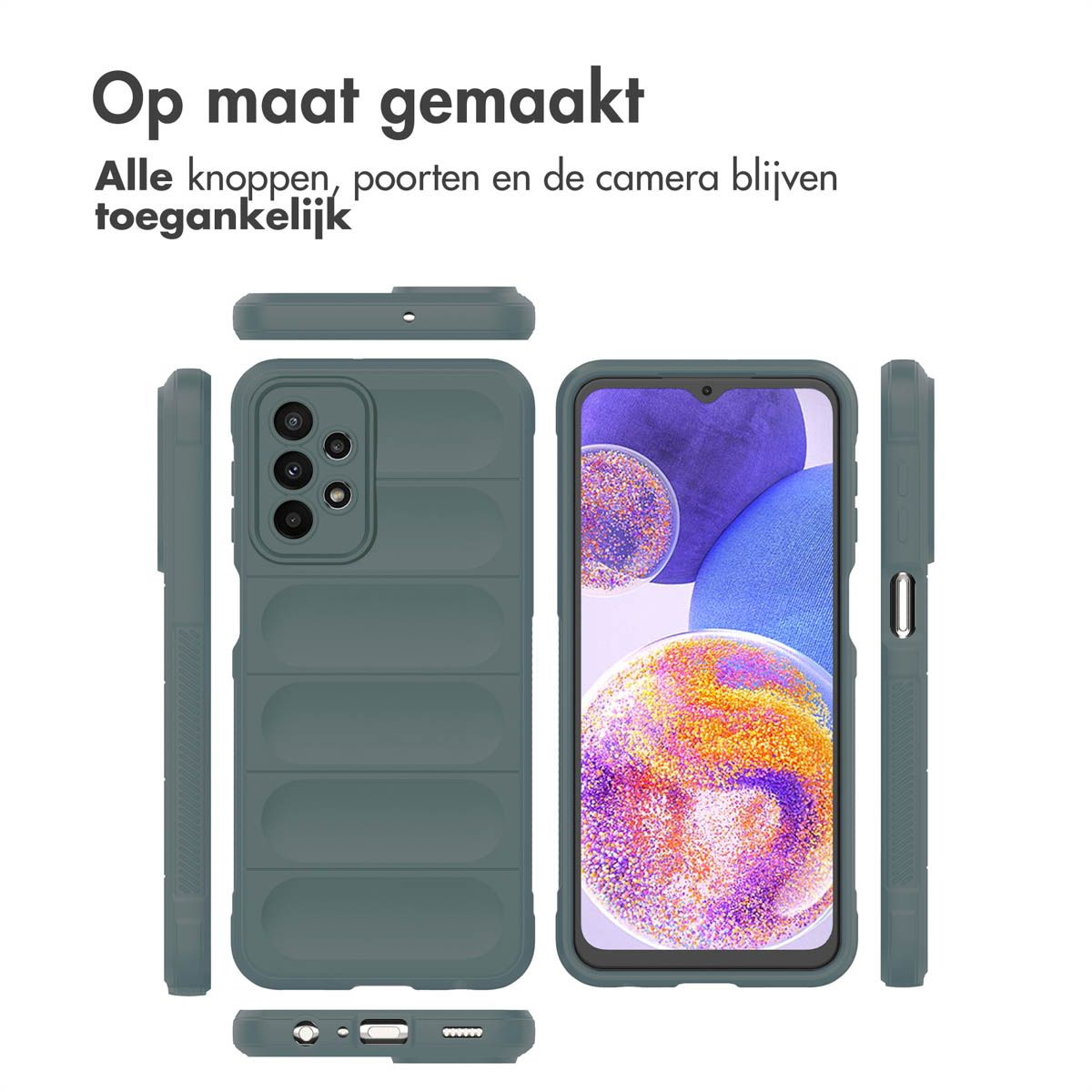 Phone case in gray-green. Phone is visible with its screen showing a blue and purple background. Text says 'Made to measure'.