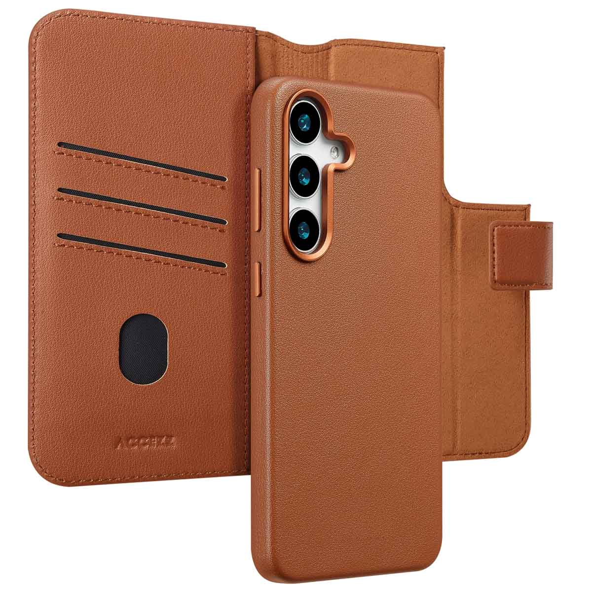 Een bruinleren telefoonhoesje met een portemonnee-gedeelte. De telefoonhoes heeft drie cameralenzen. Het portemonnee-gedeelte heeft kaartsleuven.