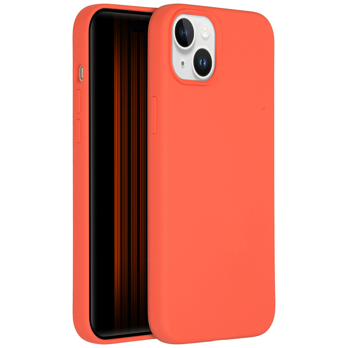 Een oranje telefoonhoesje met een iPhone erin. Het scherm van de telefoon is zwart met oranje strepen. De hoes heeft uitsparingen voor de camera.
