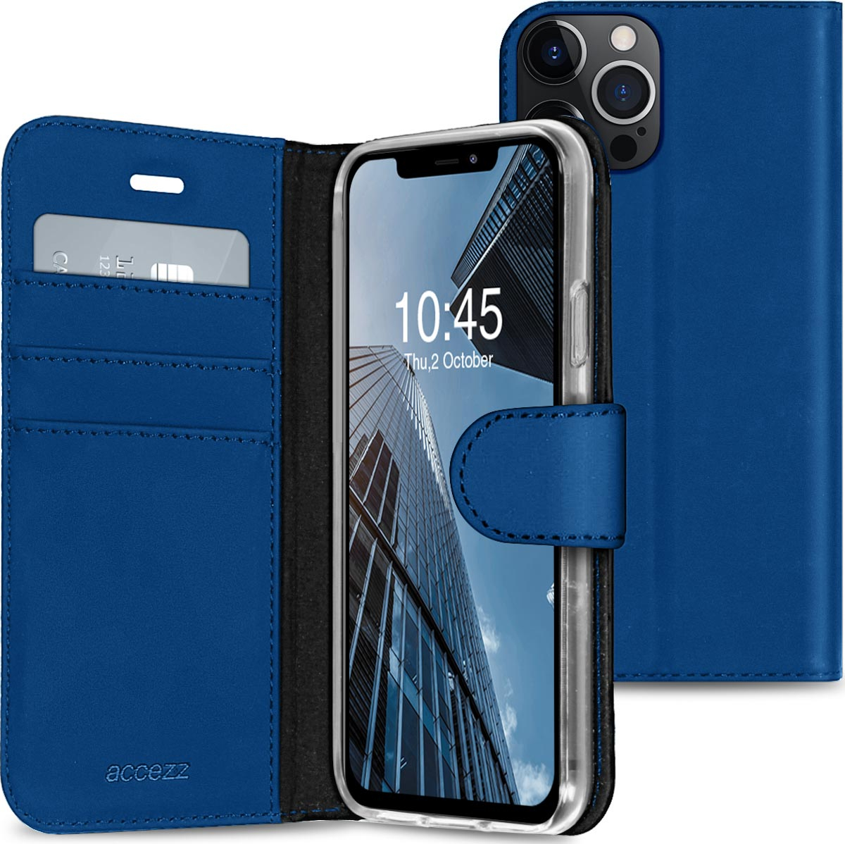 Étui de téléphone bleu avec un téléphone affichant 10h45. Une carte de crédit est visible à l'intérieur de l'étui. L'arrière-plan montre un bâtiment.