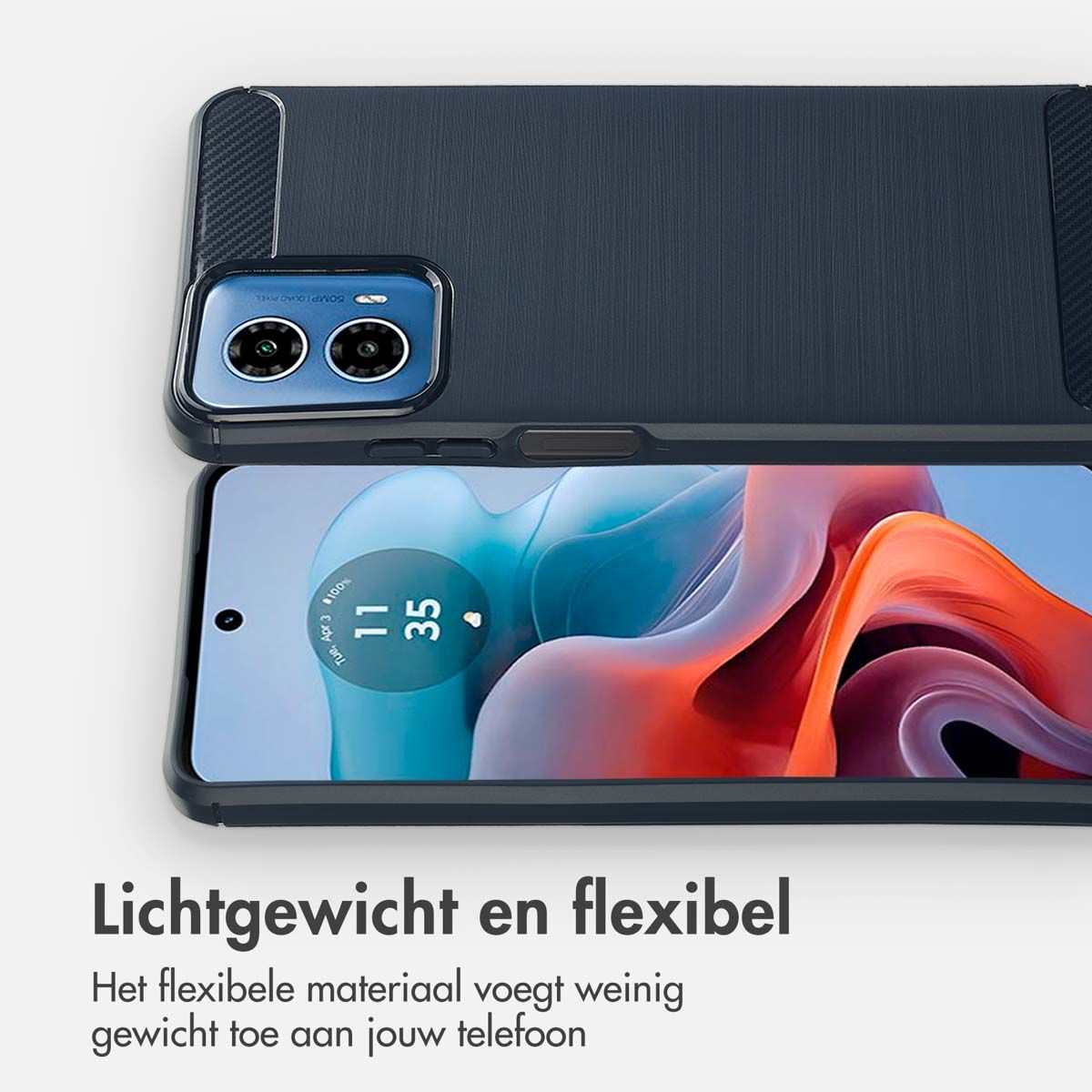 Een donkerblauwe telefoon met hoesje. Het scherm toont de tijd: 11:35. Tekst eronder zegt 'Lichtgewicht en flexibel'.