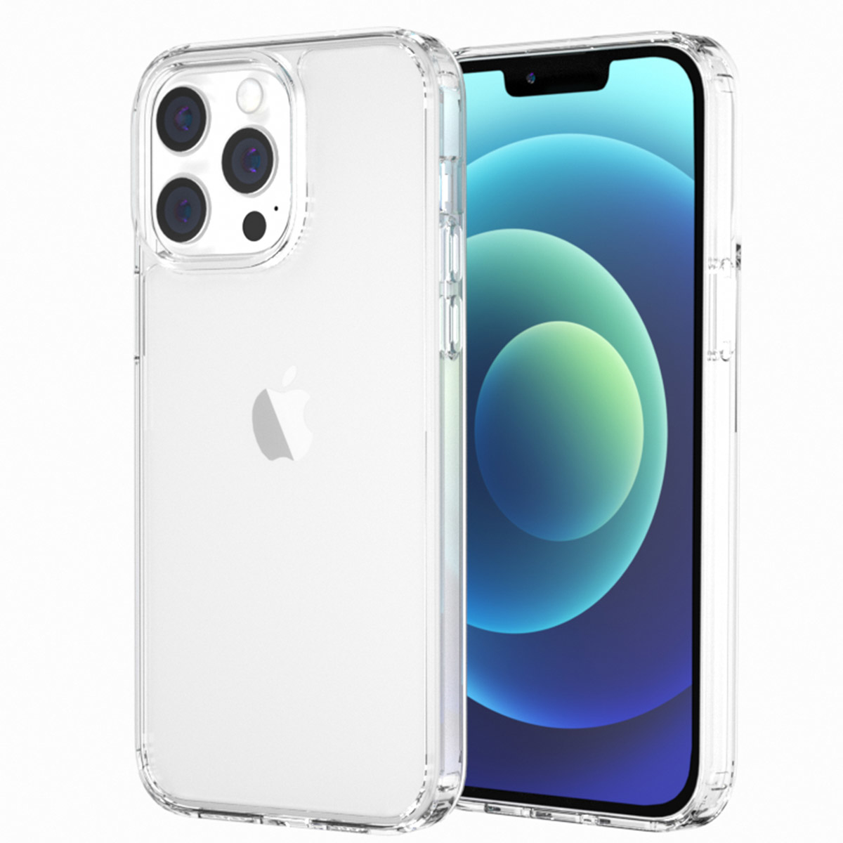 Custodia trasparente e telefono. Il telefono ha uno schermo blu e verde. La custodia ha un logo Apple.