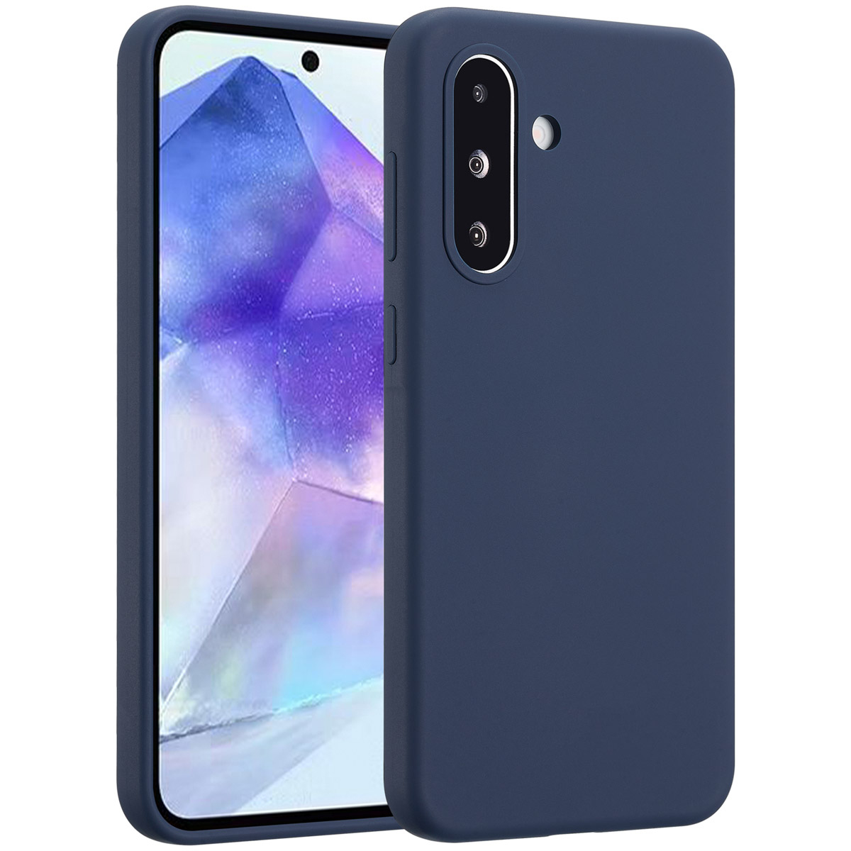 Een donkerblauwe telefoon met hoesje is te zien in een close-up. Het scherm is zichtbaar met een lichtblauw abstract patroon.