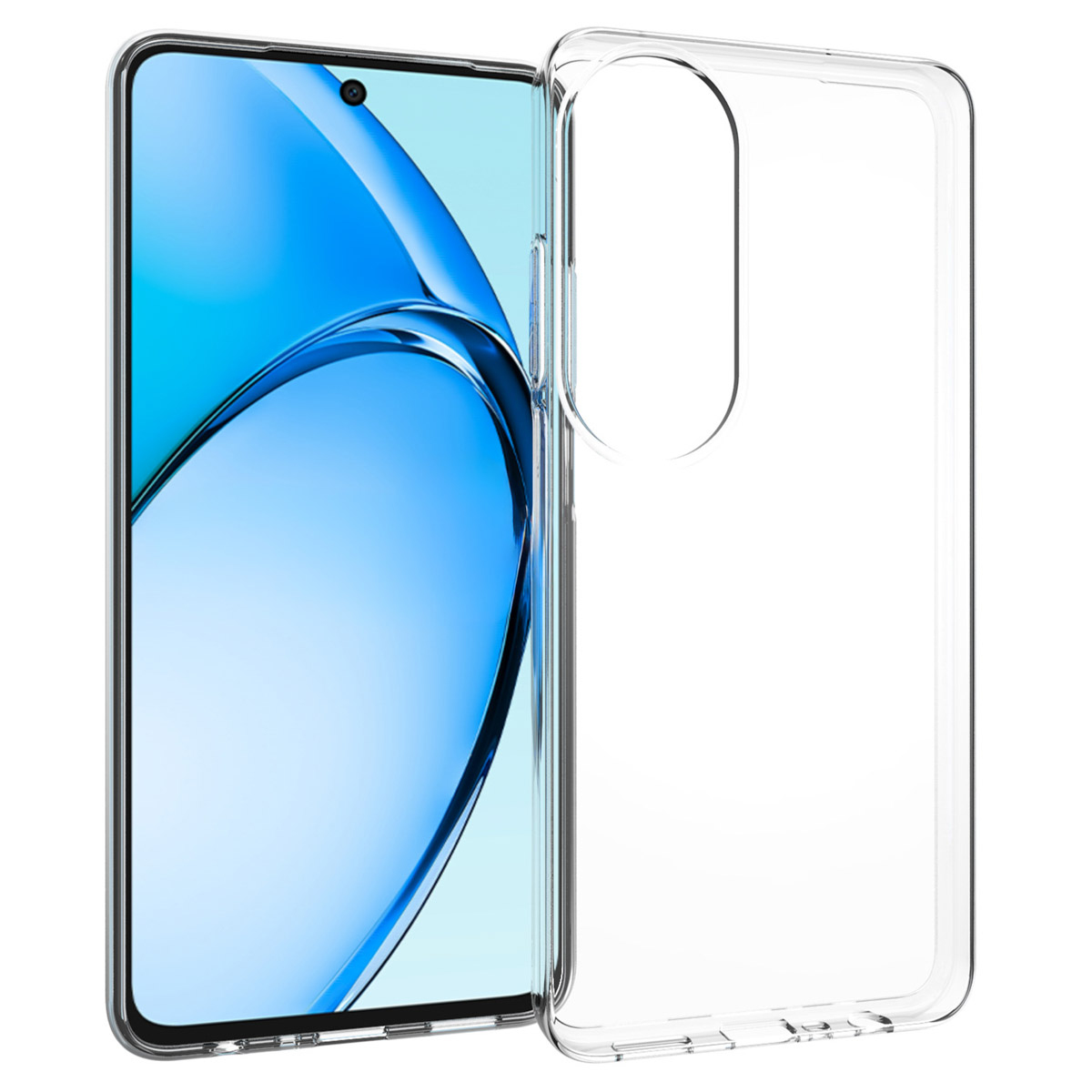 Een smartphone met een doorzichtige hoes. De telefoon heeft een blauw golfpatroon op het scherm. De hoes is transparant en bedekt de telefoon.