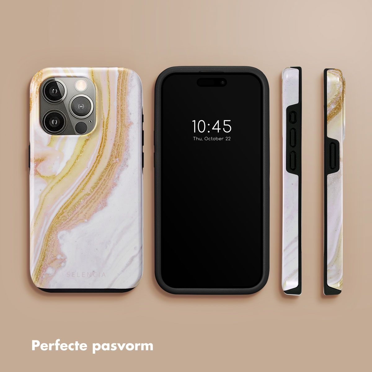 Trois iPhones et étuis. Étui à motifs marbrés à gauche, téléphone noir au milieu et vues latérales des étuis à droite.