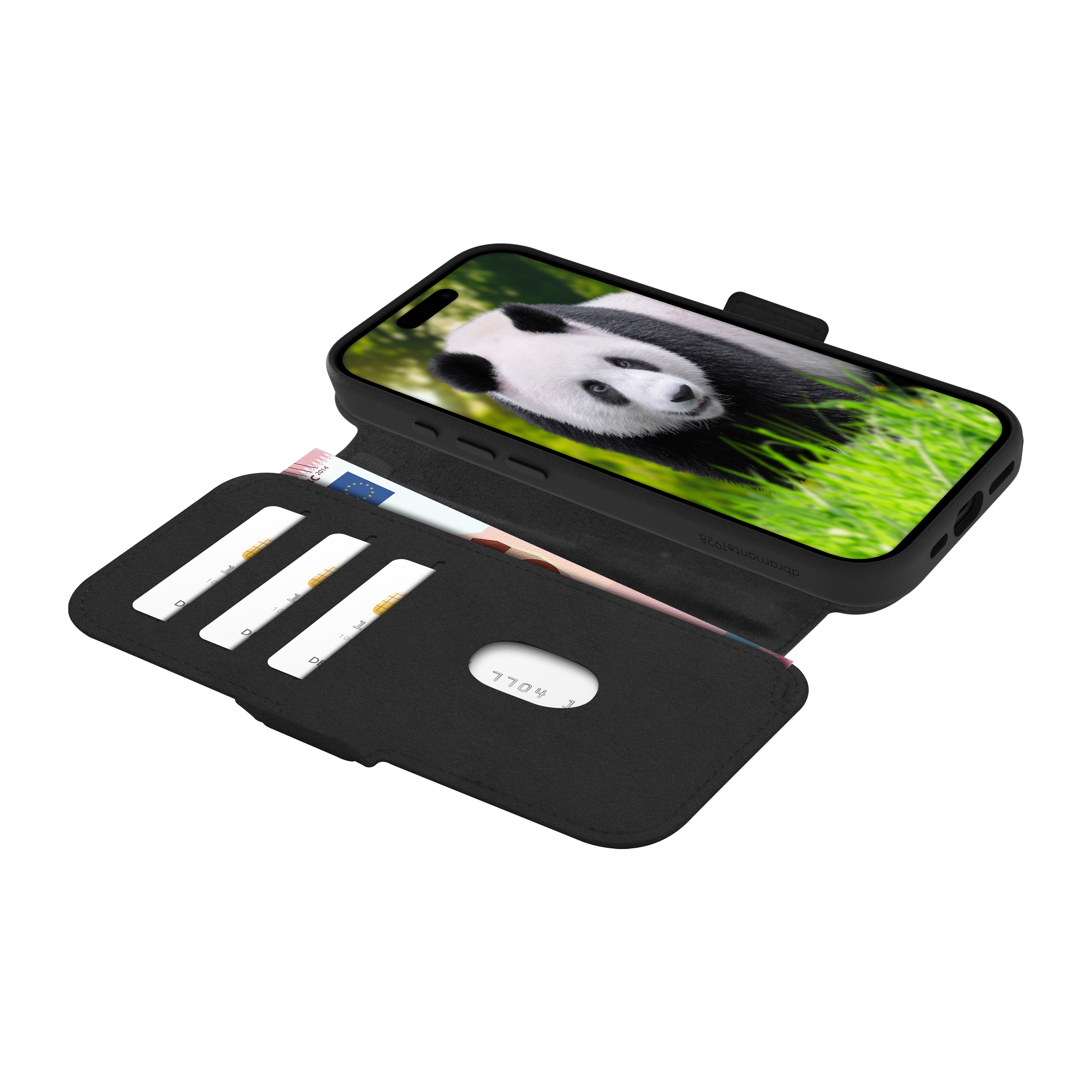 Una custodia per telefono con un panda sullo schermo, carte e denaro all'interno.
