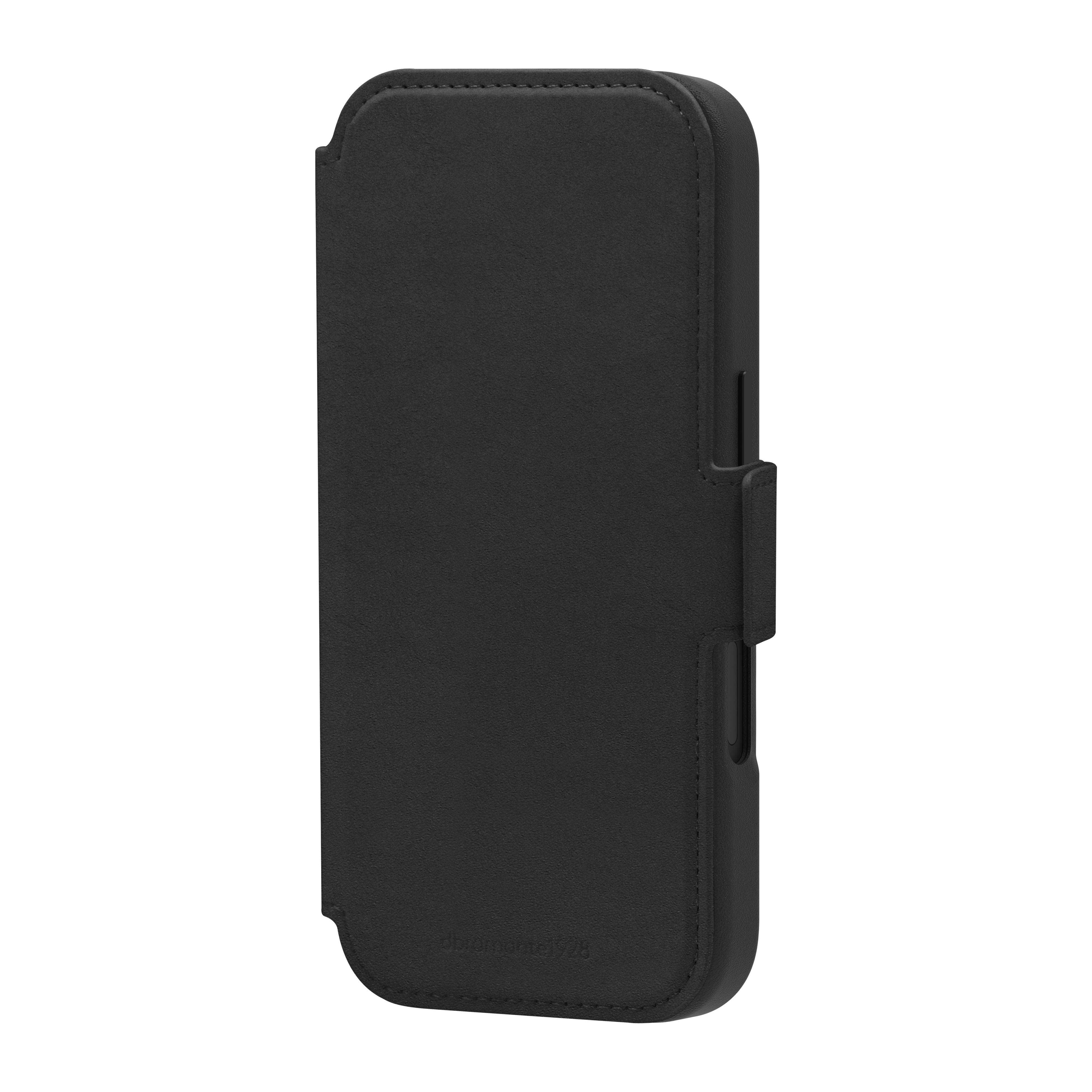 Una custodia per telefono in pelle nera su sfondo bianco. Ha una chiusura magnetica.