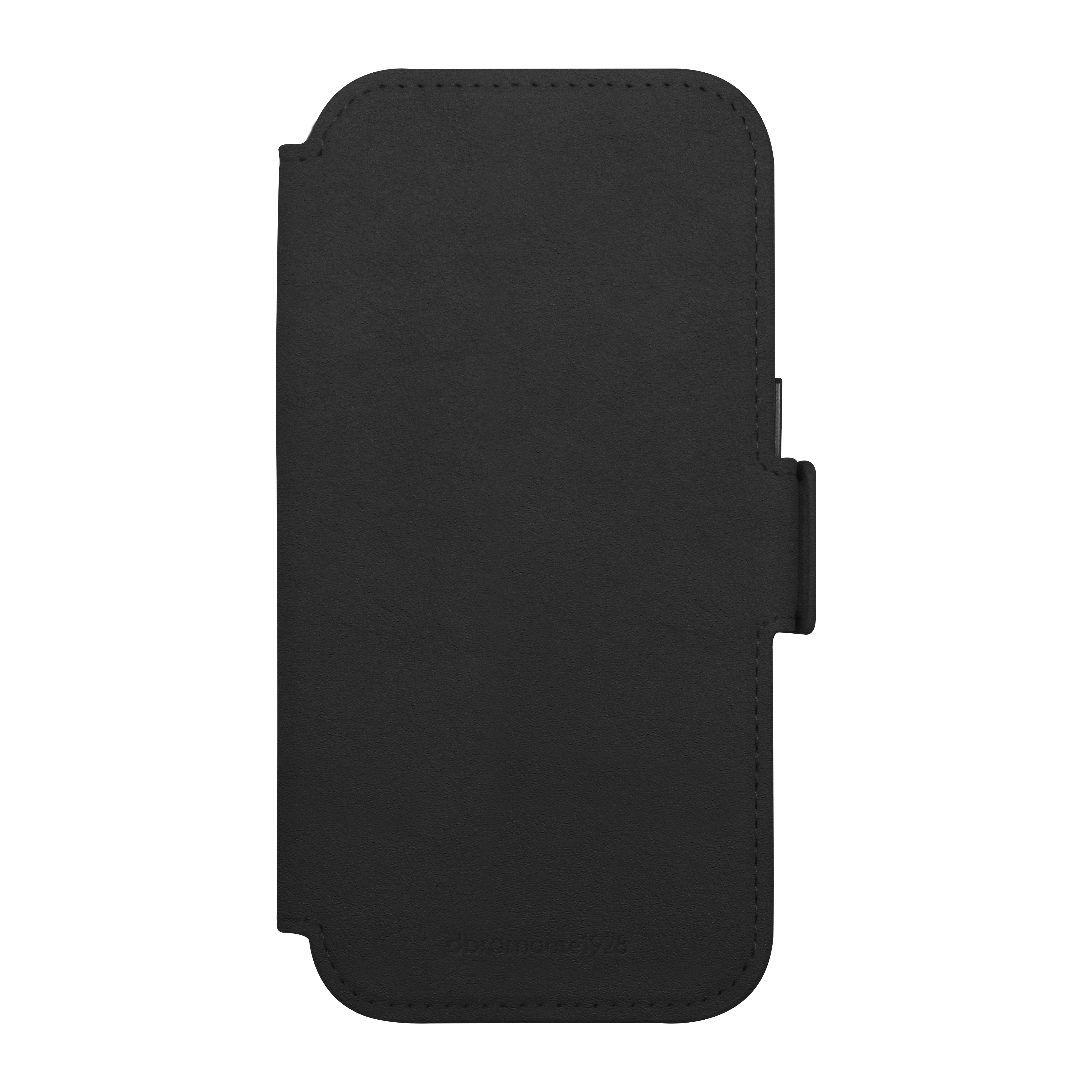 Una custodia per telefono in pelle nera con chiusura magnetica. La custodia è rettangolare con angoli arrotondati e cuciture.