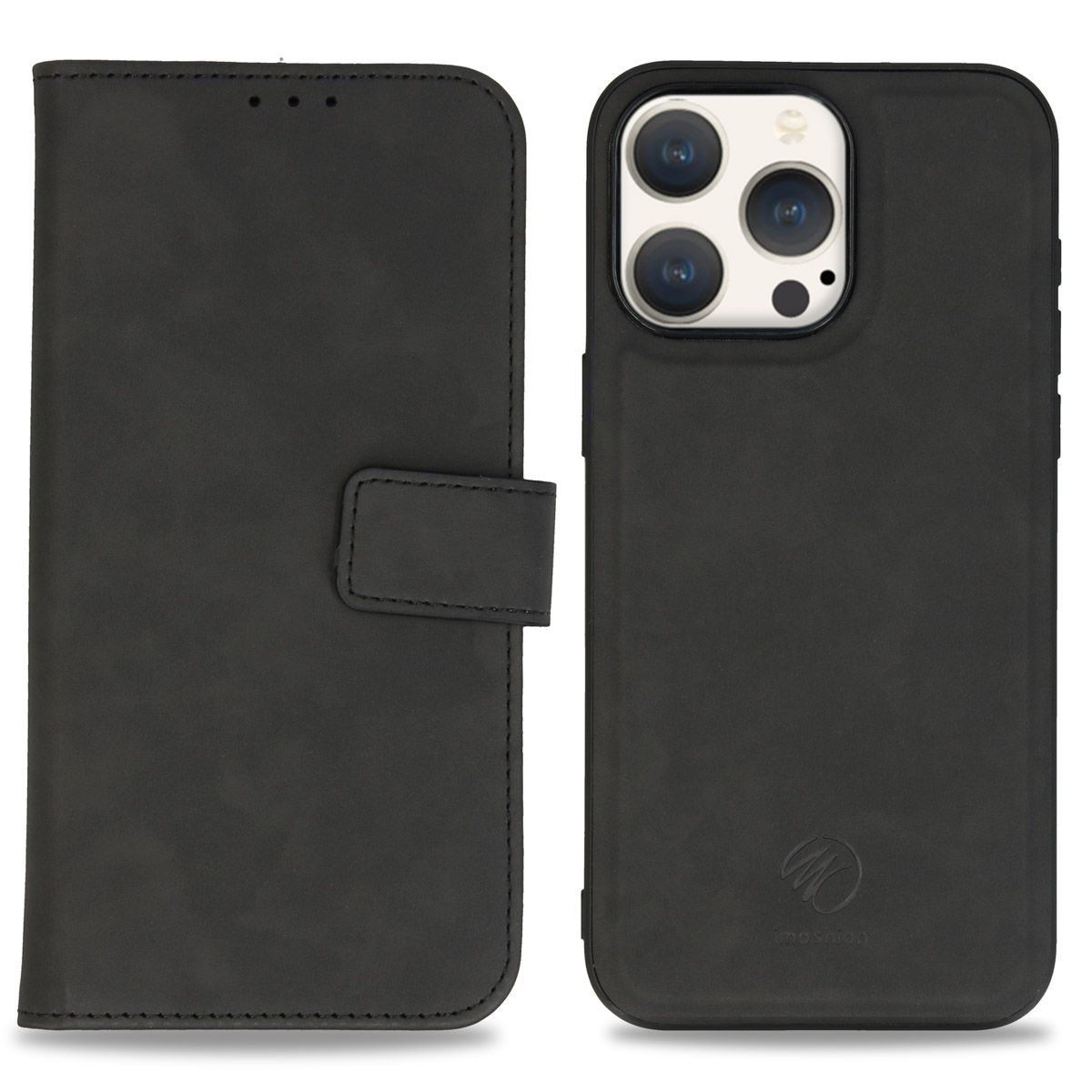 Étui de téléphone noir avec un design portefeuille. Il possède une fermeture magnétique et de la place pour l'appareil photo du téléphone.