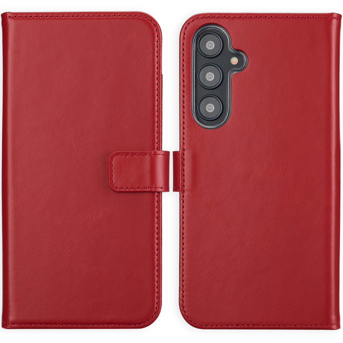 Een rode leren telefoonhoes met flap en magneetsluiting. De hoes is open en toont de camera van de telefoon.