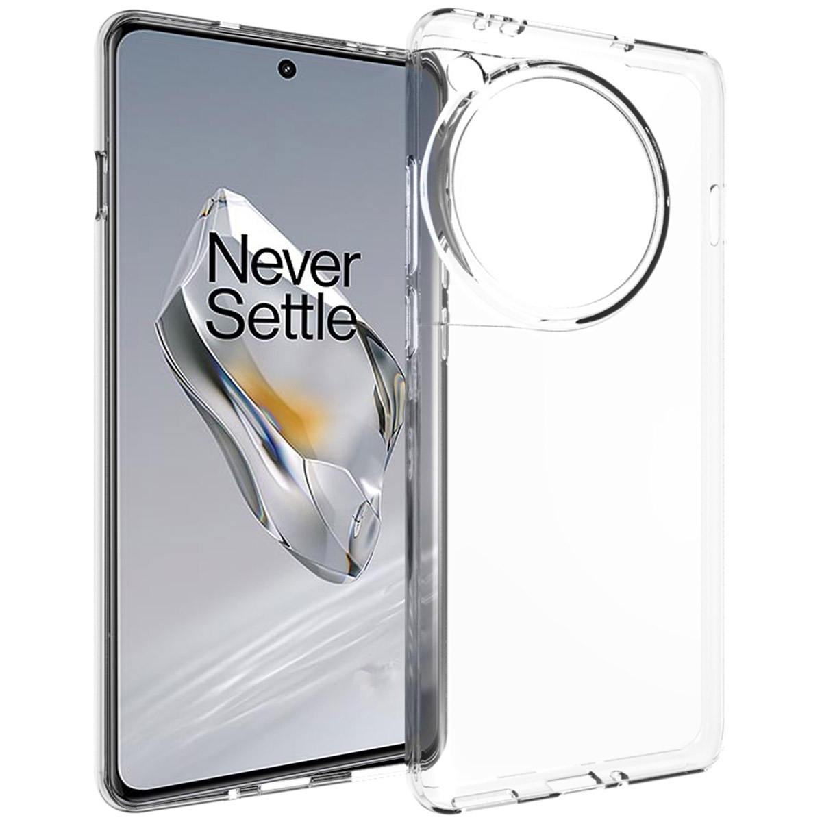 Un telefono e una custodia trasparente. Il telefono ha uno schermo con la scritta 'Never Settle'. La custodia è a destra.