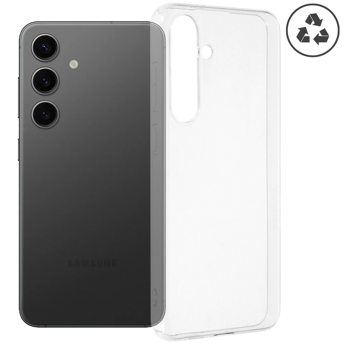 Un smartphone gris foncé avec trois caméras et le logo Samsung est à côté d'une coque transparente. Un symbole de recyclage est visible.