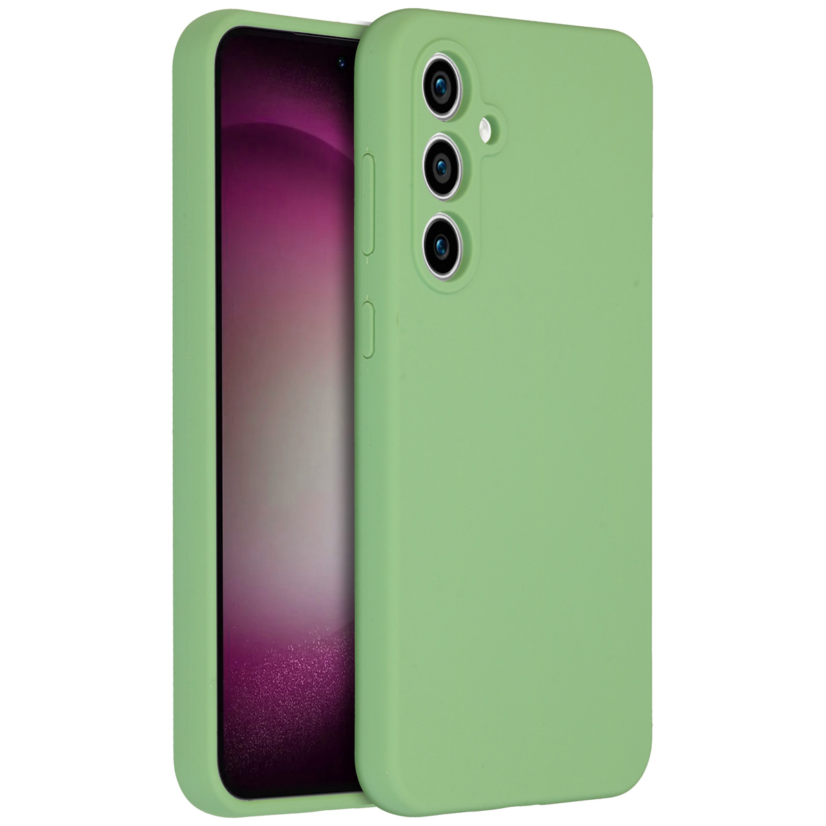 Een groene telefoonhoes met een telefoon erin. Het telefoonscherm toont paarse en zwarte kleuren.