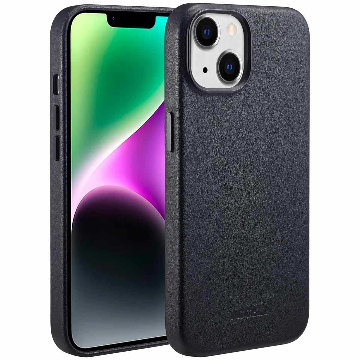 Twee zwarte iPhone-hoesjes. Eén aan de linkerkant heeft een scherm met groene, witte en paarse kleuren. De andere staat rechts.