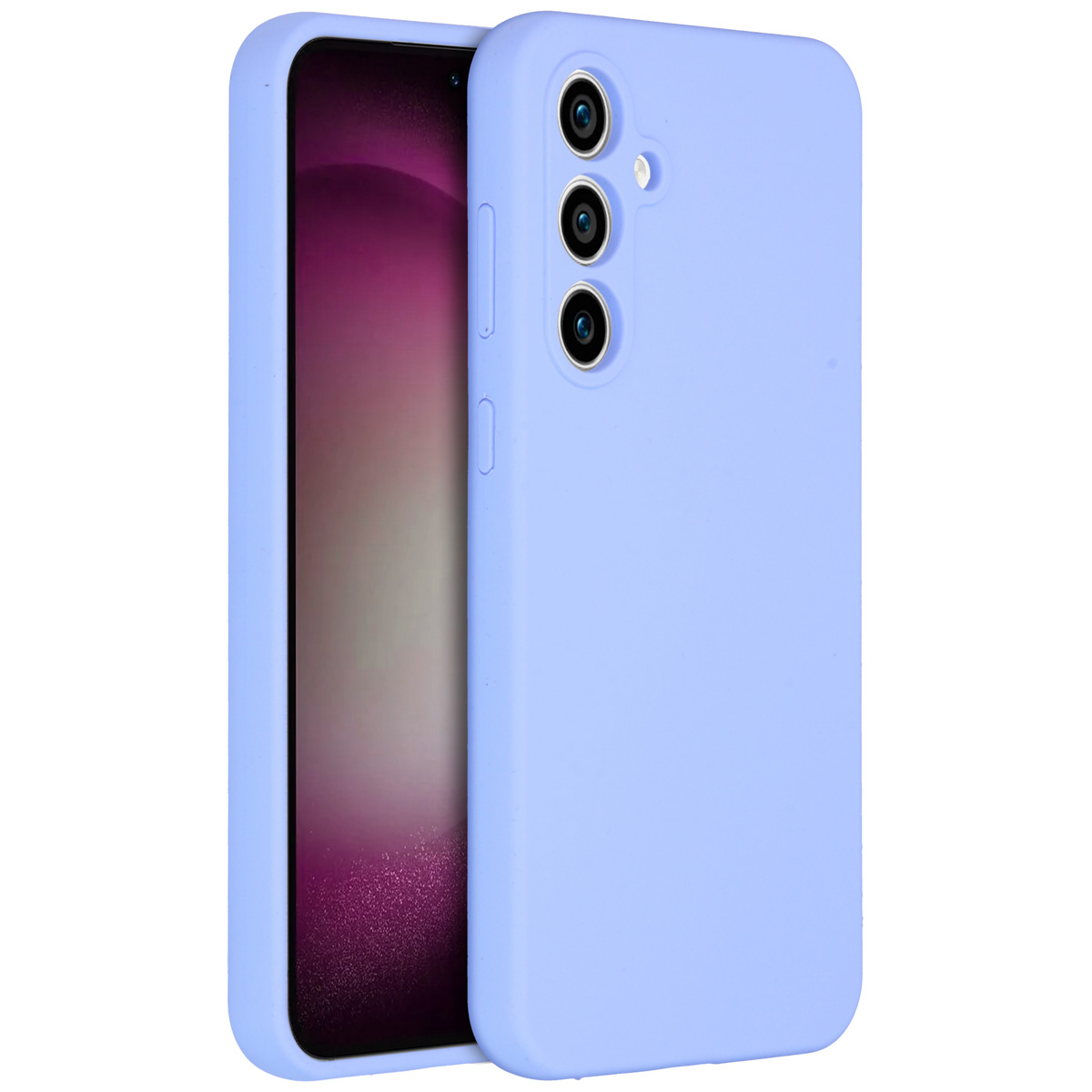 Een lichtpaarse telefoonhoes met een telefoon erin. De telefoon heeft een zwart scherm en een paarse achtergrond. Drie camera's zijn zichtbaar.