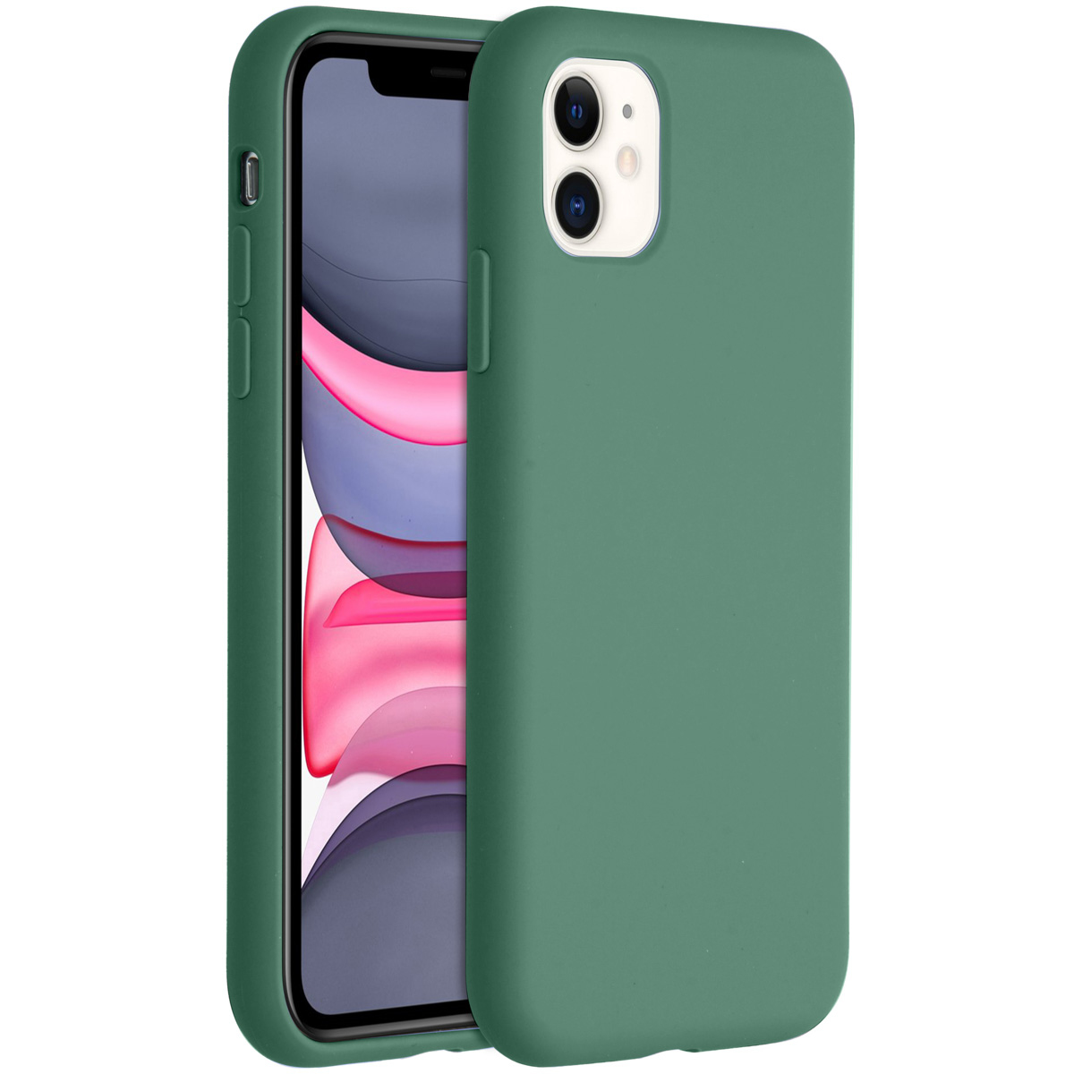 Een groene telefoonhoes met een telefoon erin. De telefoon heeft een kleurrijk scherm. De hoes is lichtjes open.