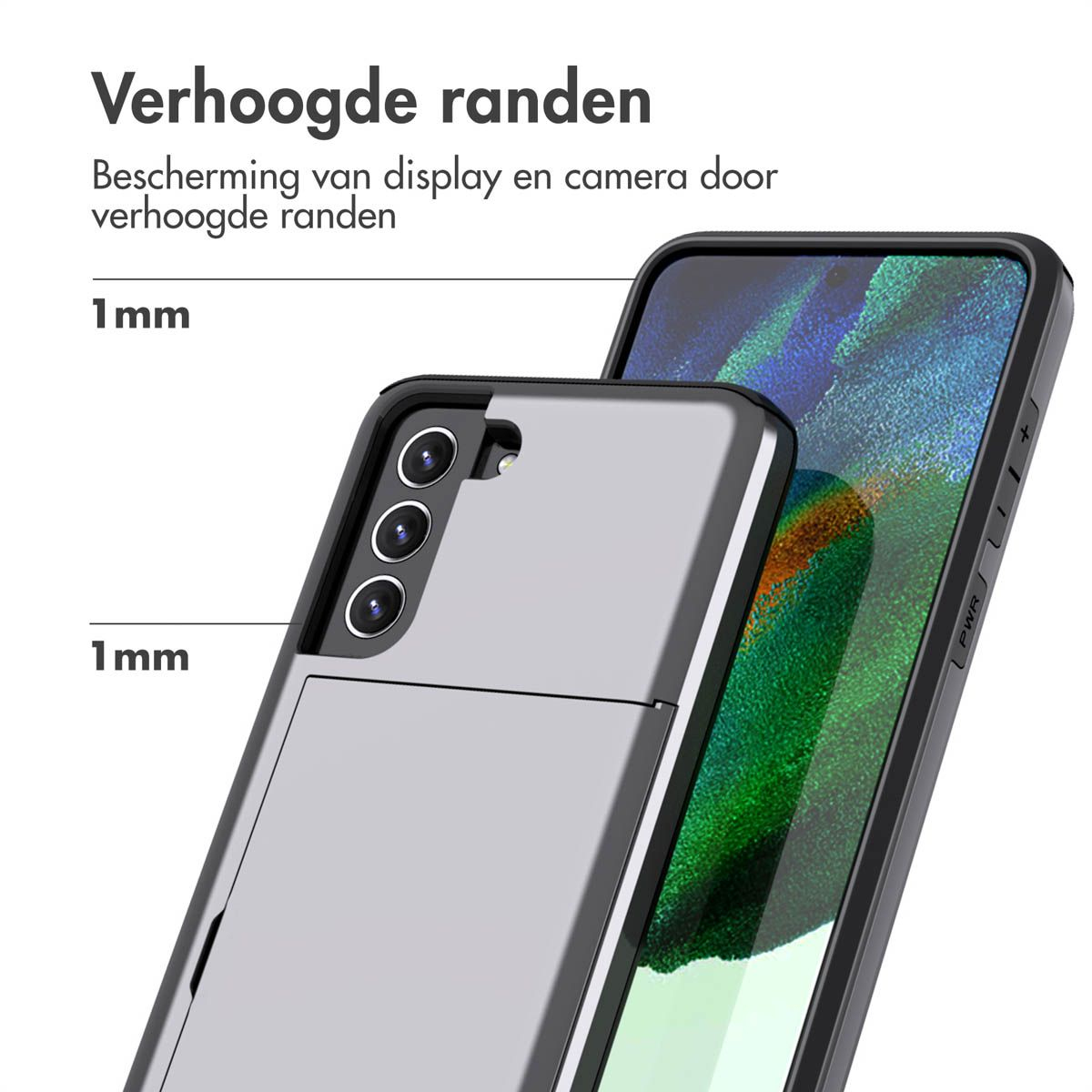 Een telefoonhoes wordt getoond, waarbij de verhoogde randen voor scherm- en camerabescherming worden benadrukt, met tekst in het Nederlands. De hoes is zilver en zwart.