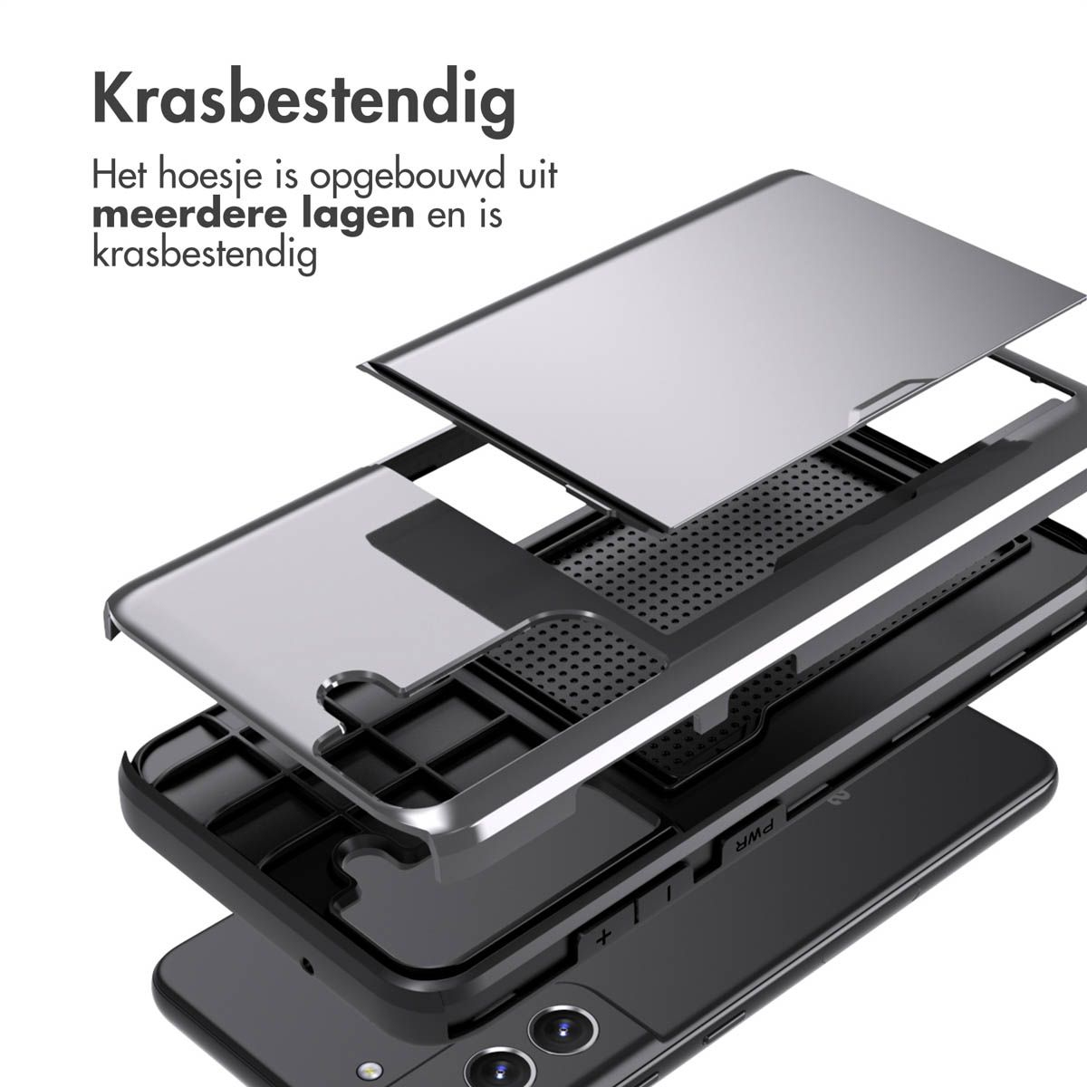 Exploded view van een telefoonhoesje. Meerdere lagen zijn zichtbaar, inclusief de telefoon. Tekst: krasbestendig.
