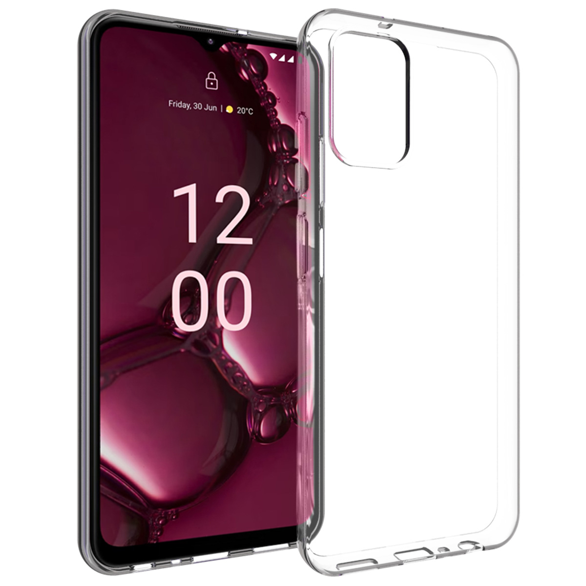 Un smartphone avec une coque transparente. L'écran affiche l'heure, une icône de cadenas et la date.