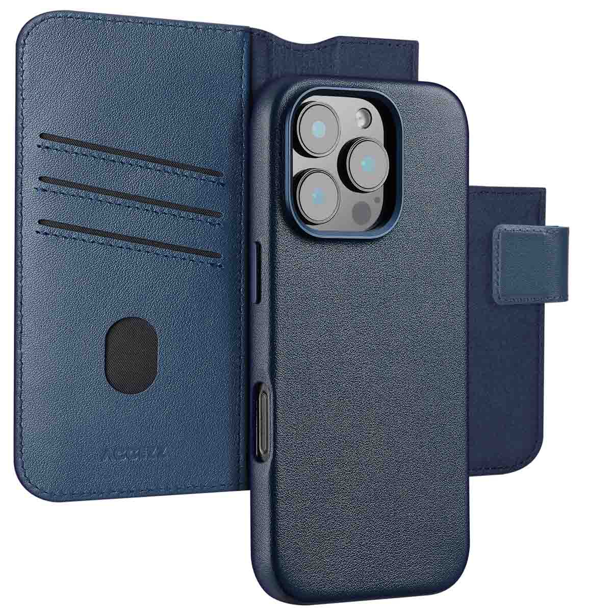 Een donkerblauwe telefoonhoes open, met een telefoon erin. De hoes heeft kaartsleuven en een magneetsluiting.