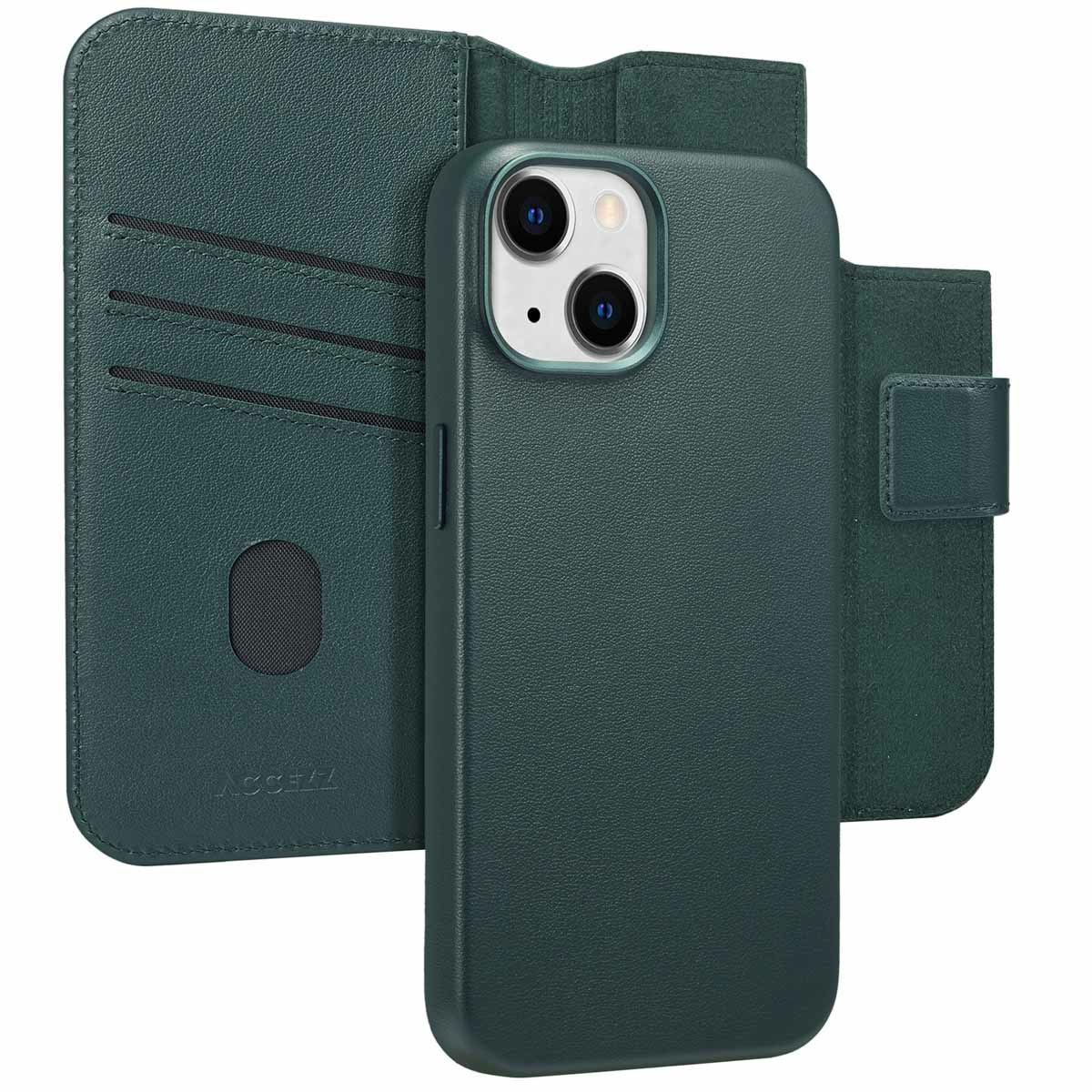 Een donkergroene iPhone-hoes met portemonneefunctie. De hoes heeft een lederen textuur en een magneetsluiting.