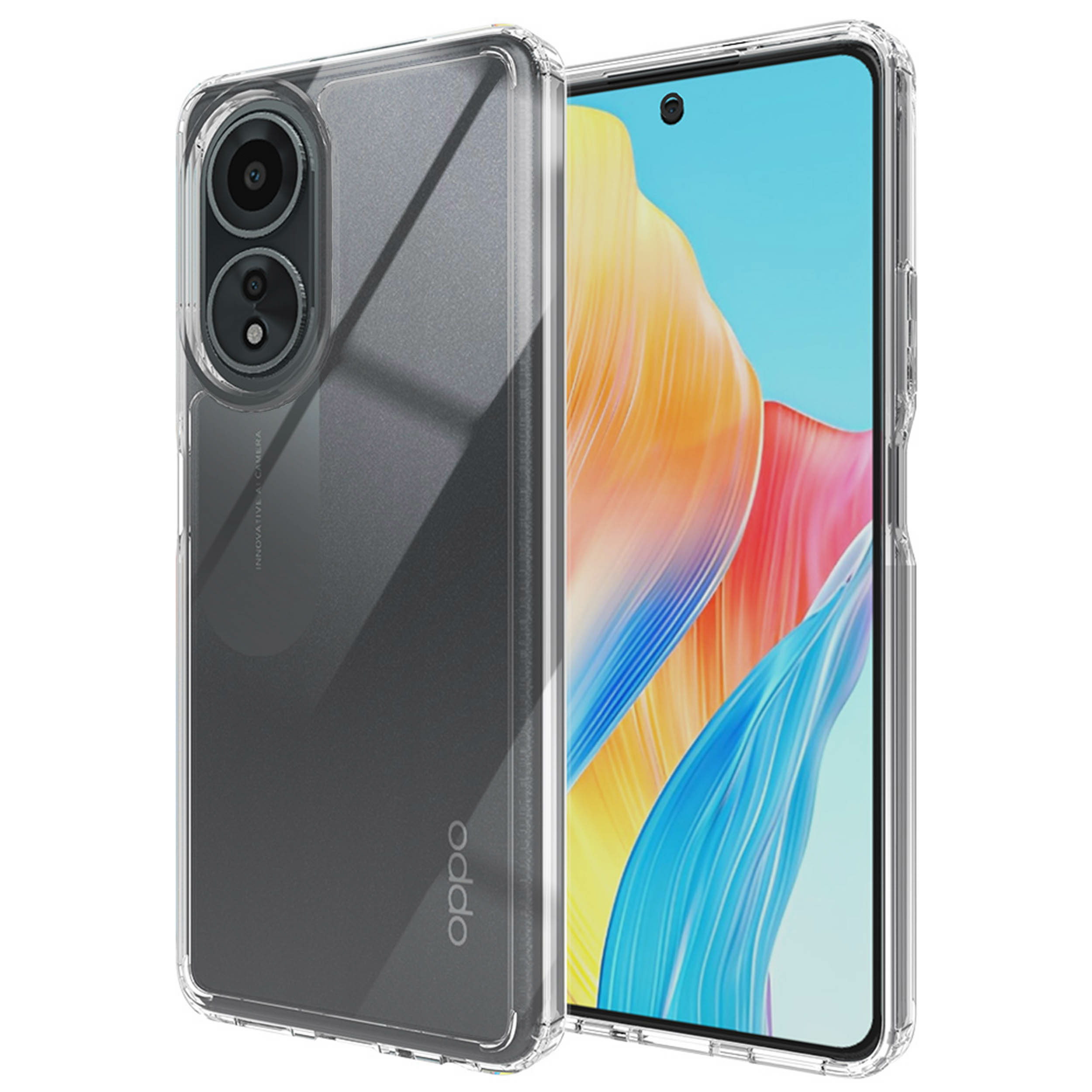 Un étui de téléphone transparent protège un smartphone. Le téléphone a un écran coloré et deux caméras.