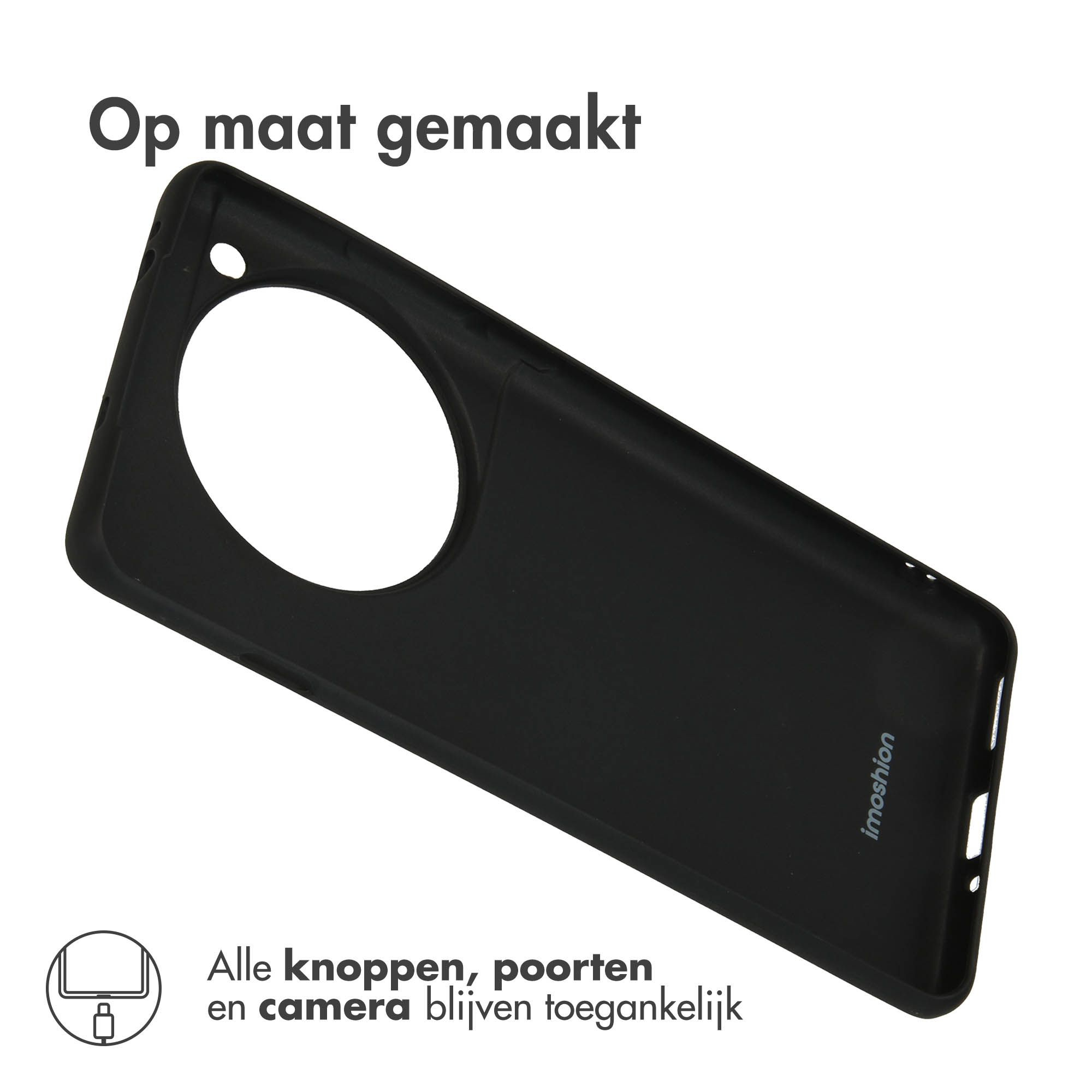 Coque de téléphone noire avec une grande découpe pour l'appareil photo. Texte : 'Op maat gemaakt'. 'Alle knoppen, poorten en camera blijven toegankelijk'.