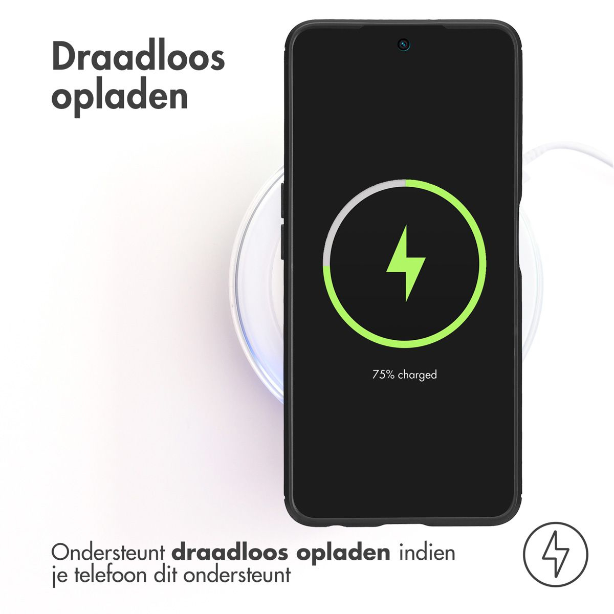 Un telefono si ricarica in modalità wireless su un pad di ricarica bianco. Lo schermo mostra il 75% di carica. Testo olandese: Ricarica wireless supportata.
