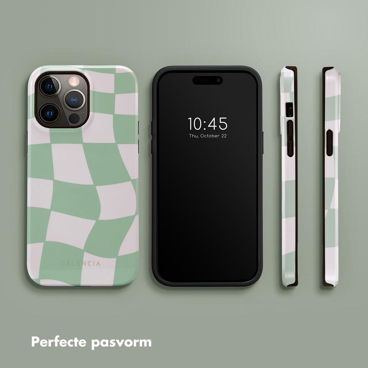 Een telefoon en twee telefoonhoesjes, één met een groen en wit ruitpatroon en twee met hetzelfde patroon.