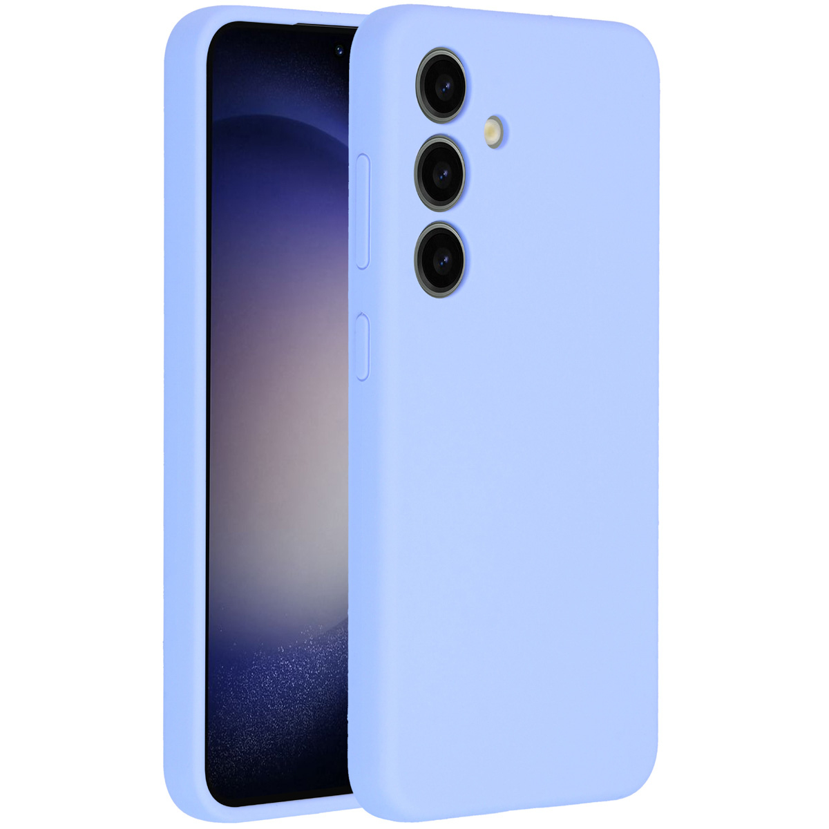 Una custodia per telefono azzurra con un telefono all'interno. La custodia ha tre obiettivi della fotocamera. Lo schermo del telefono mostra un'immagine sfocata.