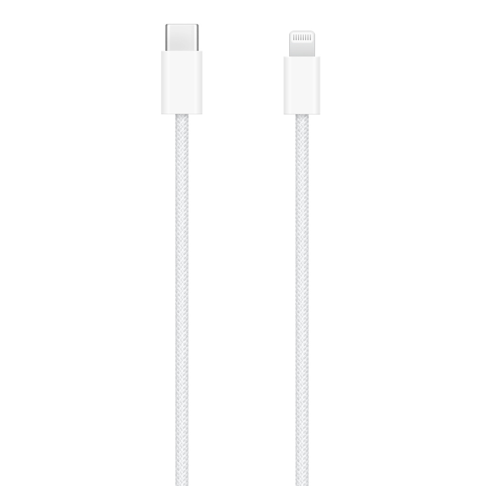 Dwa białe kable ładujące z różnymi złączami. Jeden to USB-C, drugi Lightning. Oba mają białe plecione kable.
