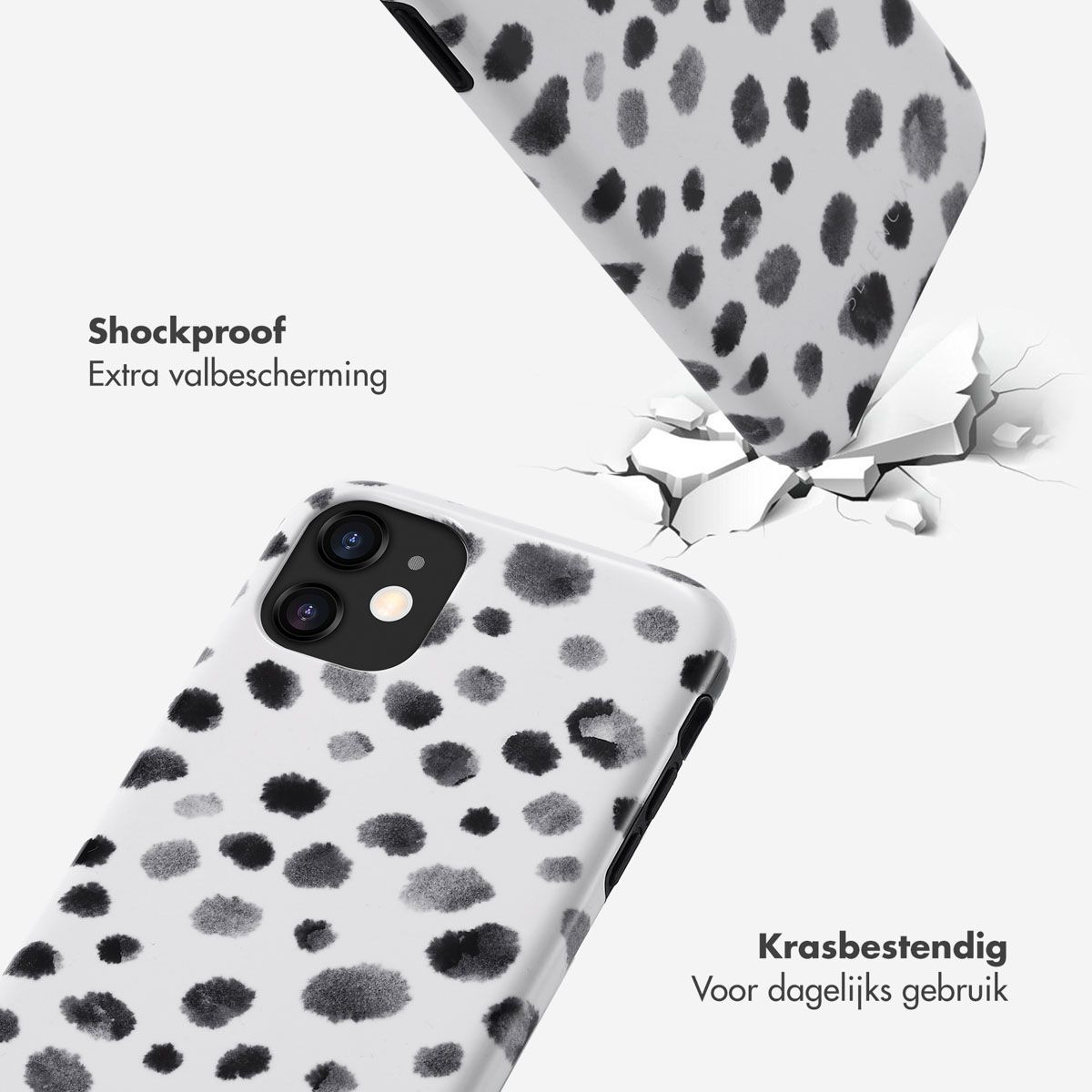 Une coque de téléphone à pois noirs brise une surface. Le texte dit 'Antichoc' et 'Résistant aux rayures'.