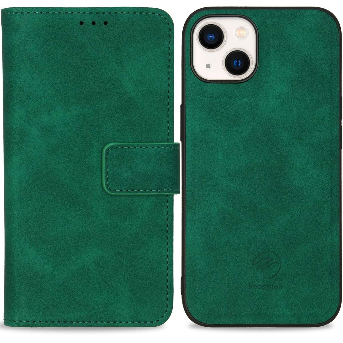 Groene telefoonhoes open, toont telefoon en portemonnee. De hoes is leerachtig met stiksels en een magnetische sluiting.