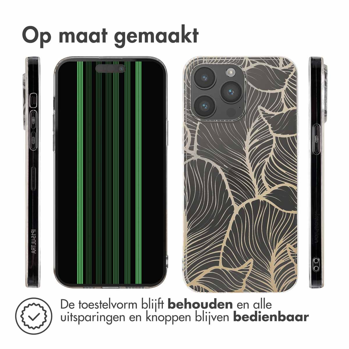 Drei Smartphones mit unterschiedlichen Hüllen werden gezeigt. Eines hat grüne Streifen, ein anderes ein Blättermuster. Die Hüllen sind klar.