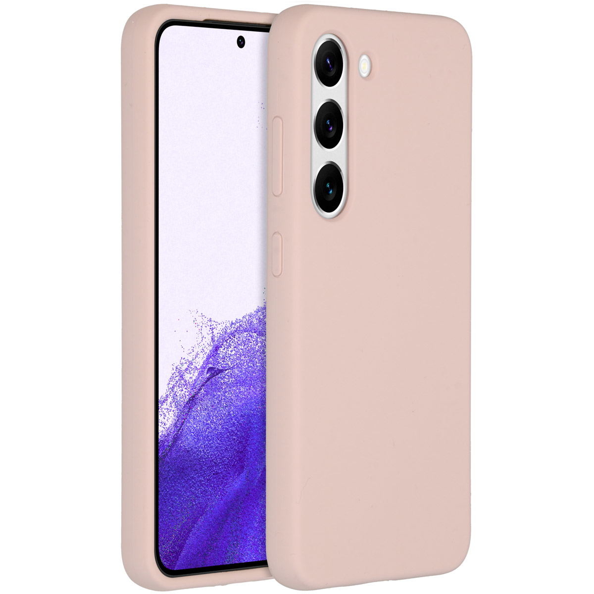 Un étui de téléphone rose et un téléphone sont affichés. Le téléphone a un écran et l'étui a trois objectifs.
