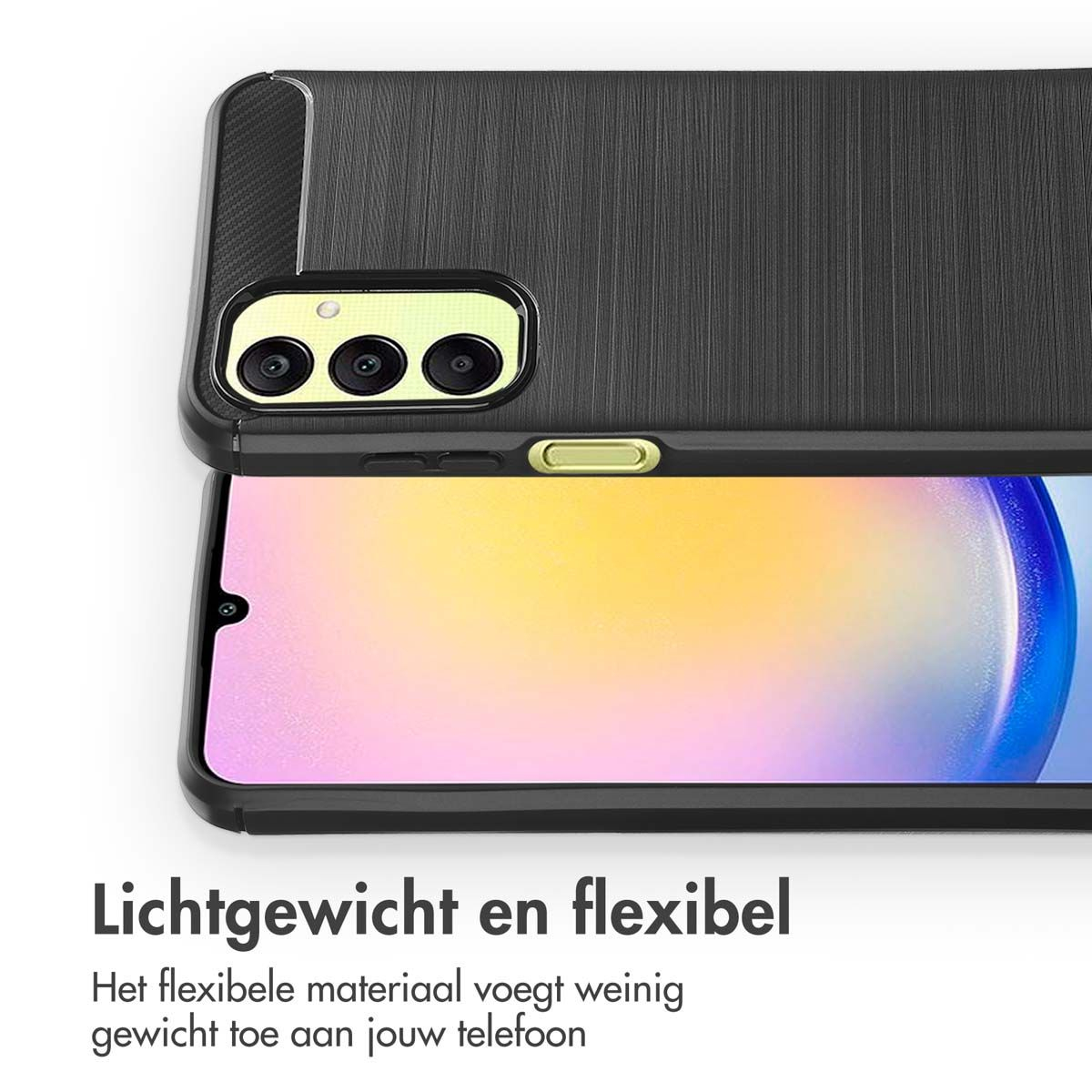 Nahaufnahme einer schwarzen Handyhülle. Die Hülle hat eine strukturierte Rückseite und einen Rahmen, der das Telefon hält. Text: 'Leicht und flexibel'.
