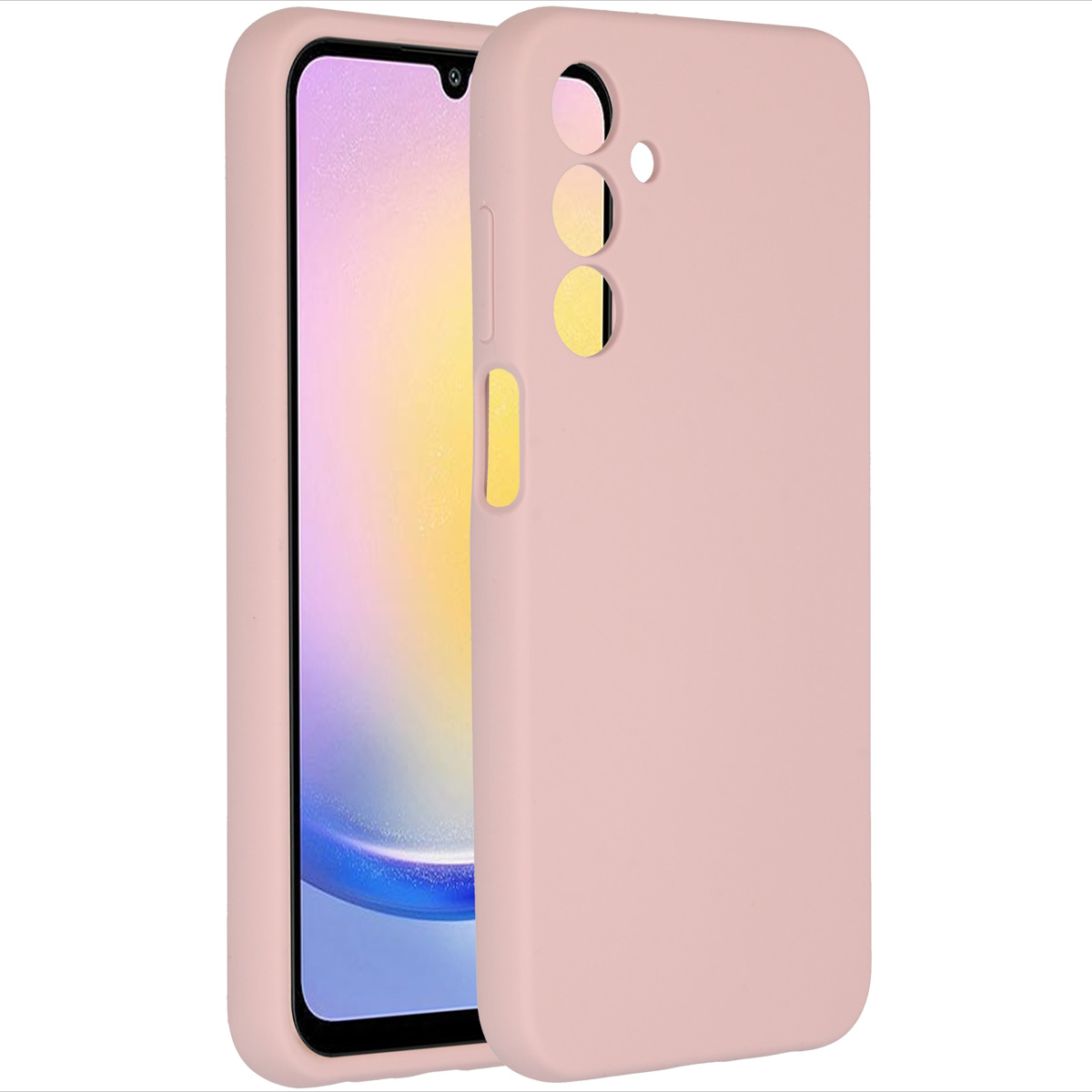 Een roze telefoonhoesje met een telefoon erin. De hoes heeft openingen voor de camera en knoppen. Het scherm is zichtbaar.