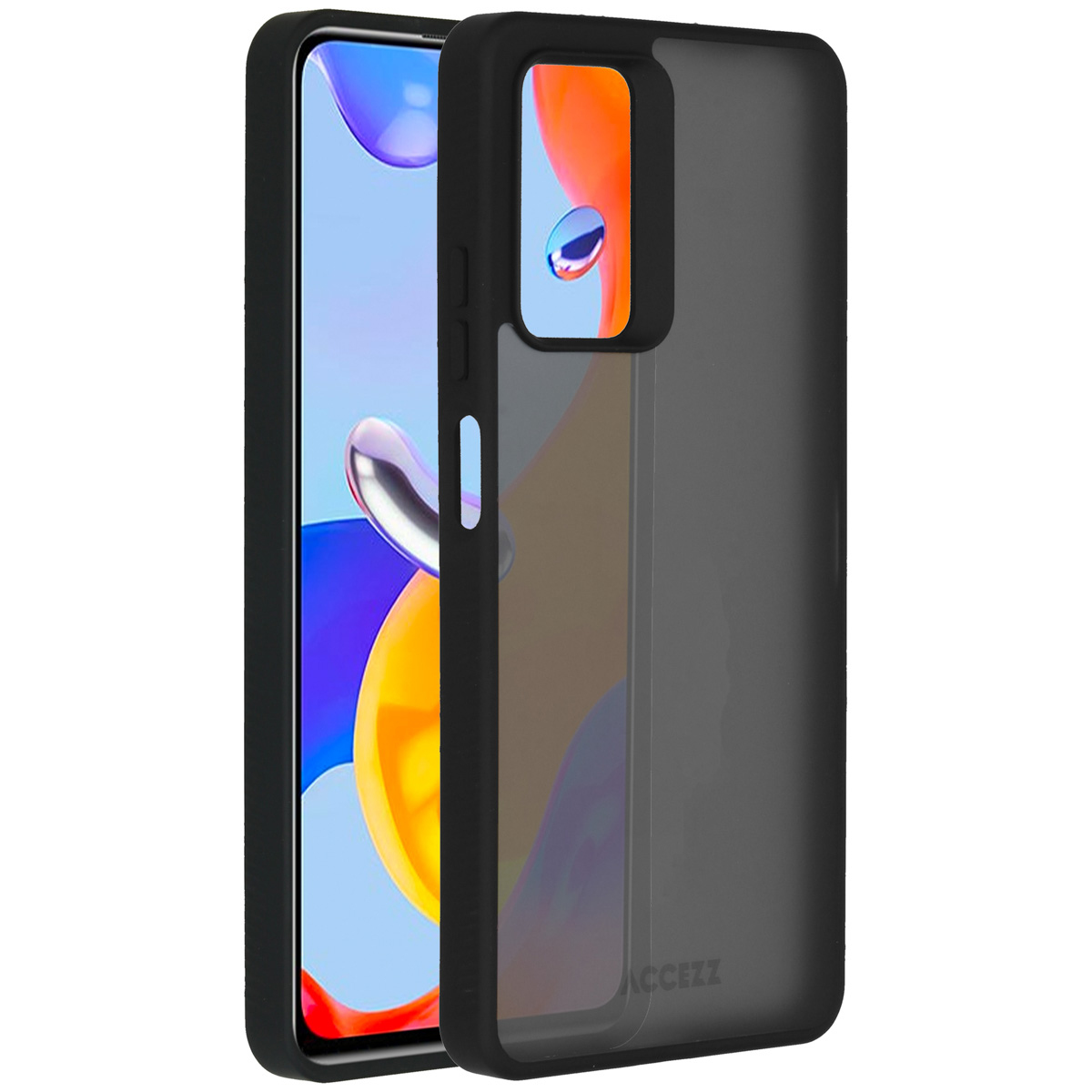 Uno smartphone con custodia nera, che mostra lo schermo con colori astratti. La custodia è trasparente e ha il marchio ACCEZZ.