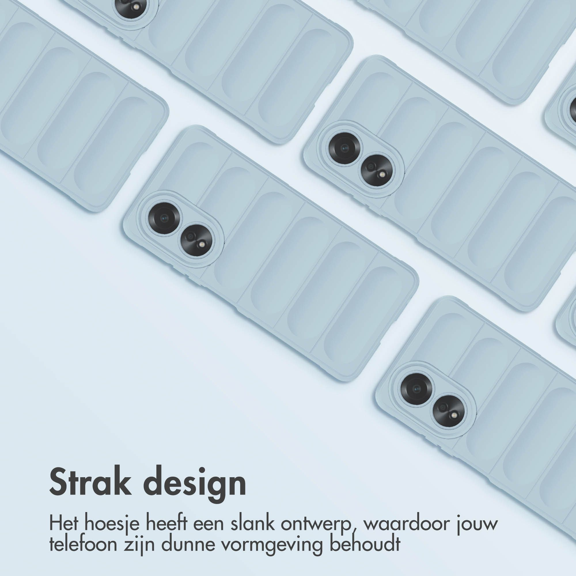 Lichtblauwe telefoonhoesjes met een gestructureerd ontwerp zijn diagonaal op een lichtblauwe achtergrond gerangschikt. De hoesjes zijn voor telefoons.