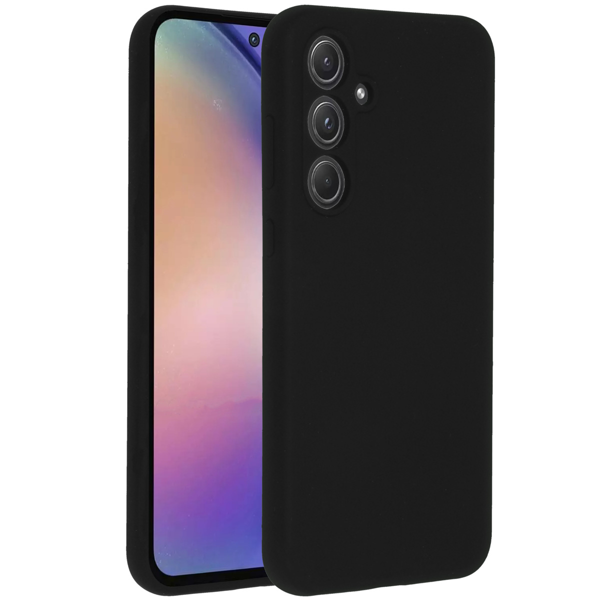 Een zwarte telefoonhoes bedekt een deel van een telefoon. De telefoon heeft een scherm en drie cameralenzen.