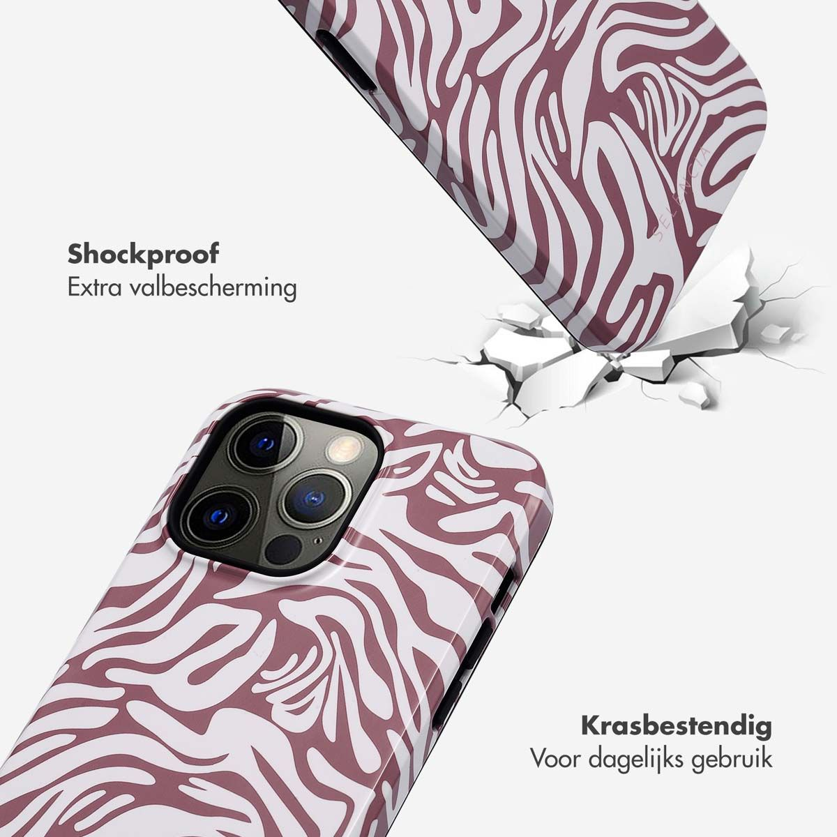 Een telefoonhoesje met zebrapatroon wordt getoond. De hoes valt en breekt de grond. Tekst geeft schokbestendigheid en krasbestendigheid aan.