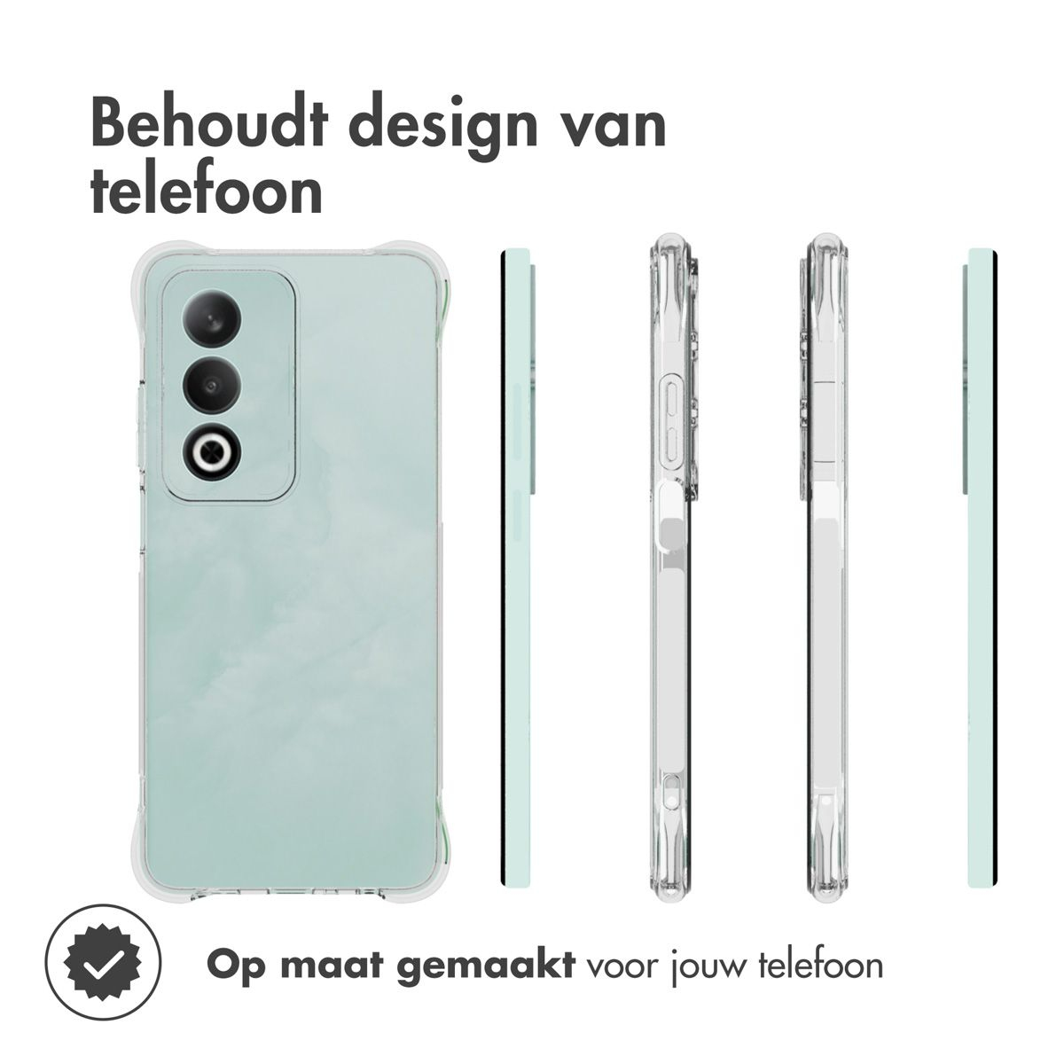 Afbeelding toont telefoonhoesjes. Een telefoon in een hoesje, drie zijaanzichten en een vinkje. Tekst: 'Behoudt het telefoonontwerp' en 'Op maat gemaakt voor uw telefoon'.